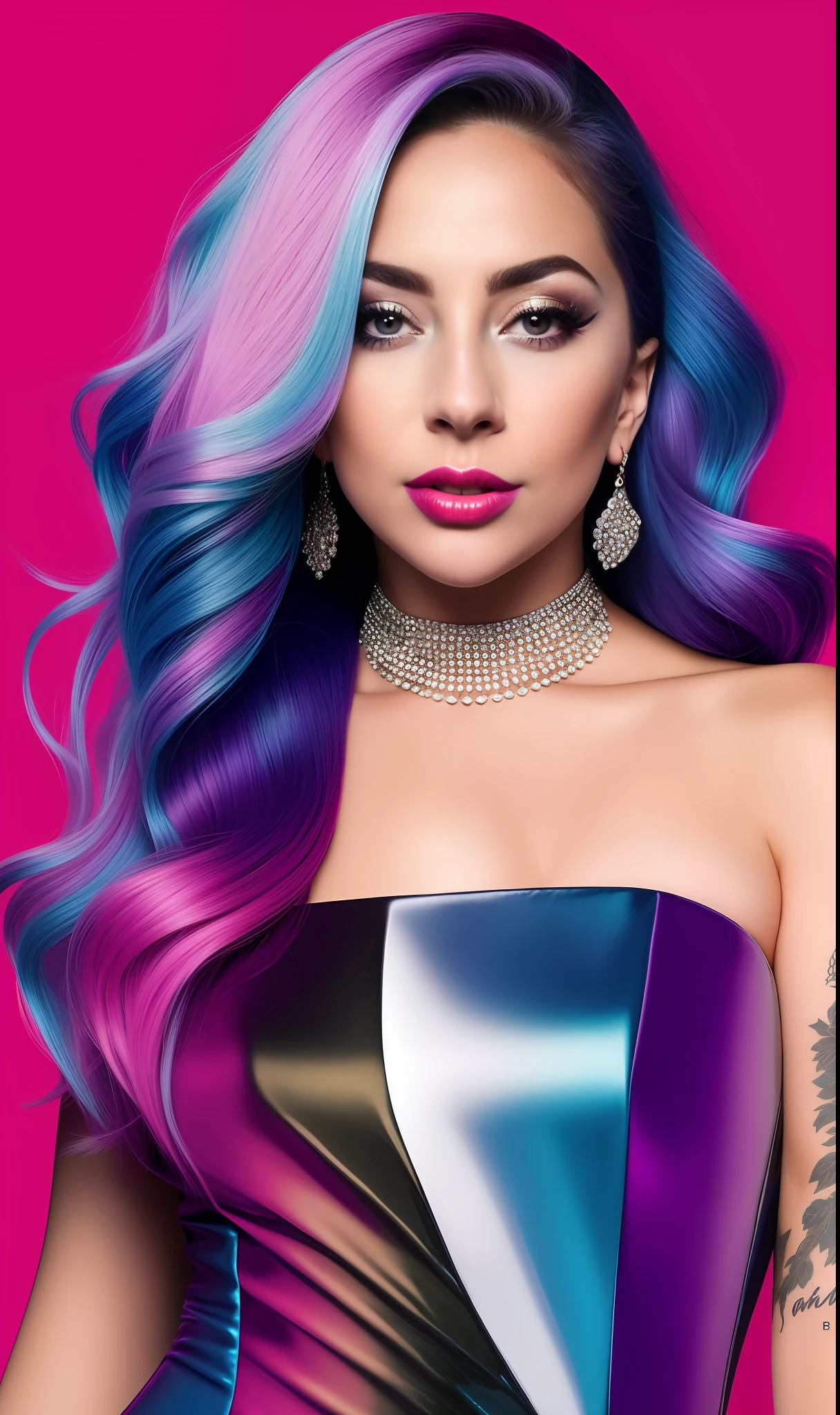 Lady GaGa vestido de colores brillantes y diamantes,extravagante,textura 4K, cabello largo y de colores, calidad alta, cuerpo completo,varias poses corporales,peinado extravagante, Original album cover, imagen 8k, futurista, alta calidad de imagen, en la noche, accesorios en el cabello, imagen 8k, rostro realista en alta calidad, cuerpo completo, diferentes poses corporales, alta calidad en el rostro, rasgos definidos,HD, rostro realista y definido 4k