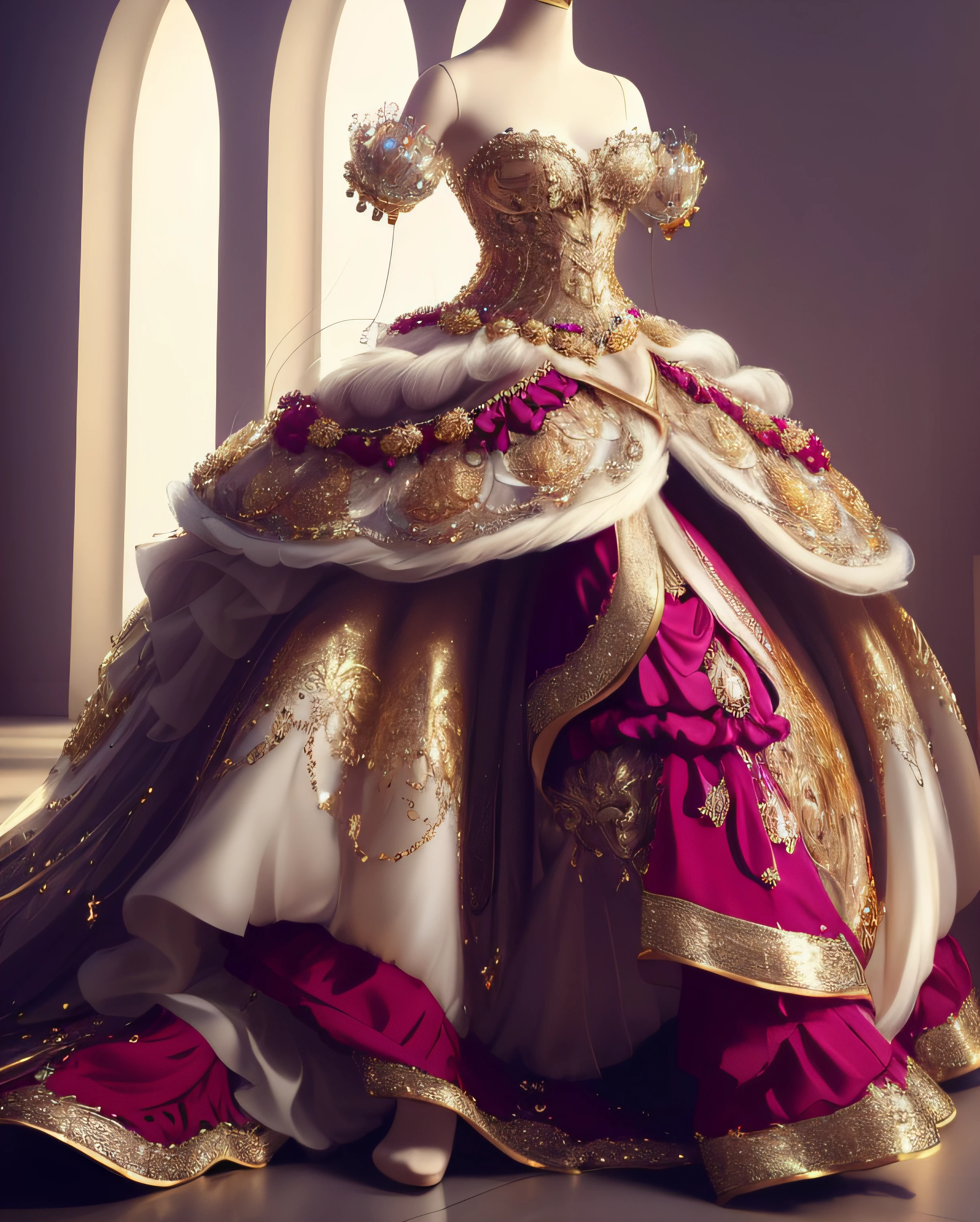 a hyper realistic photograph of a girl standing wearing a majestic light beige and gold ball gown dress, big beautiful dress, intricate puffy ball gown with lots of ruffles and rhinestones (Best quality, masterpiece, ArtStation, Fantasy Art:1.2), a palace room, a beautiful cute girl, (long white hair:1.1), (intricate short gold skirt, bare legs:1.2, full body shot)
