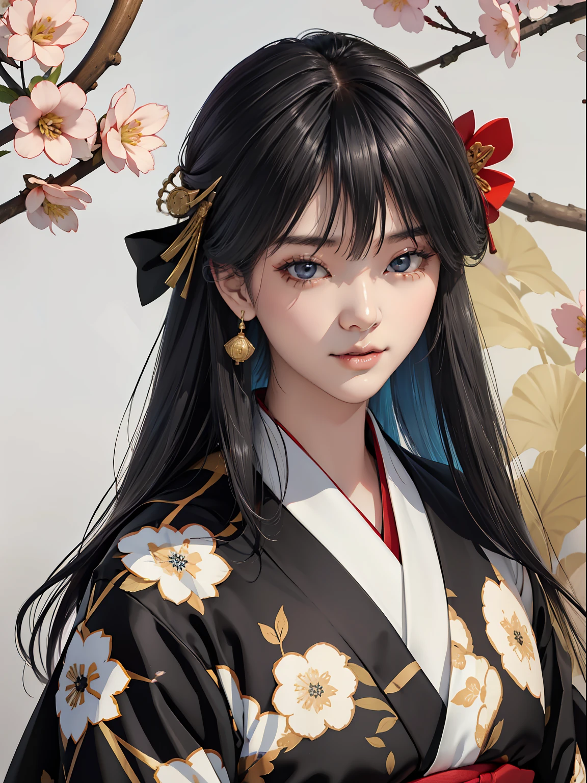 Mature girl、Long Black Hair、A slight smile、Black-haired、Colorful Japan kimono、Nishijin Ori、Delicate and smart eyes、intricate damask hanfu、Luxury accessories、FOV、F1.8、masterpiece、complex scenes、flower petals flying、Diagonal portrait shot、