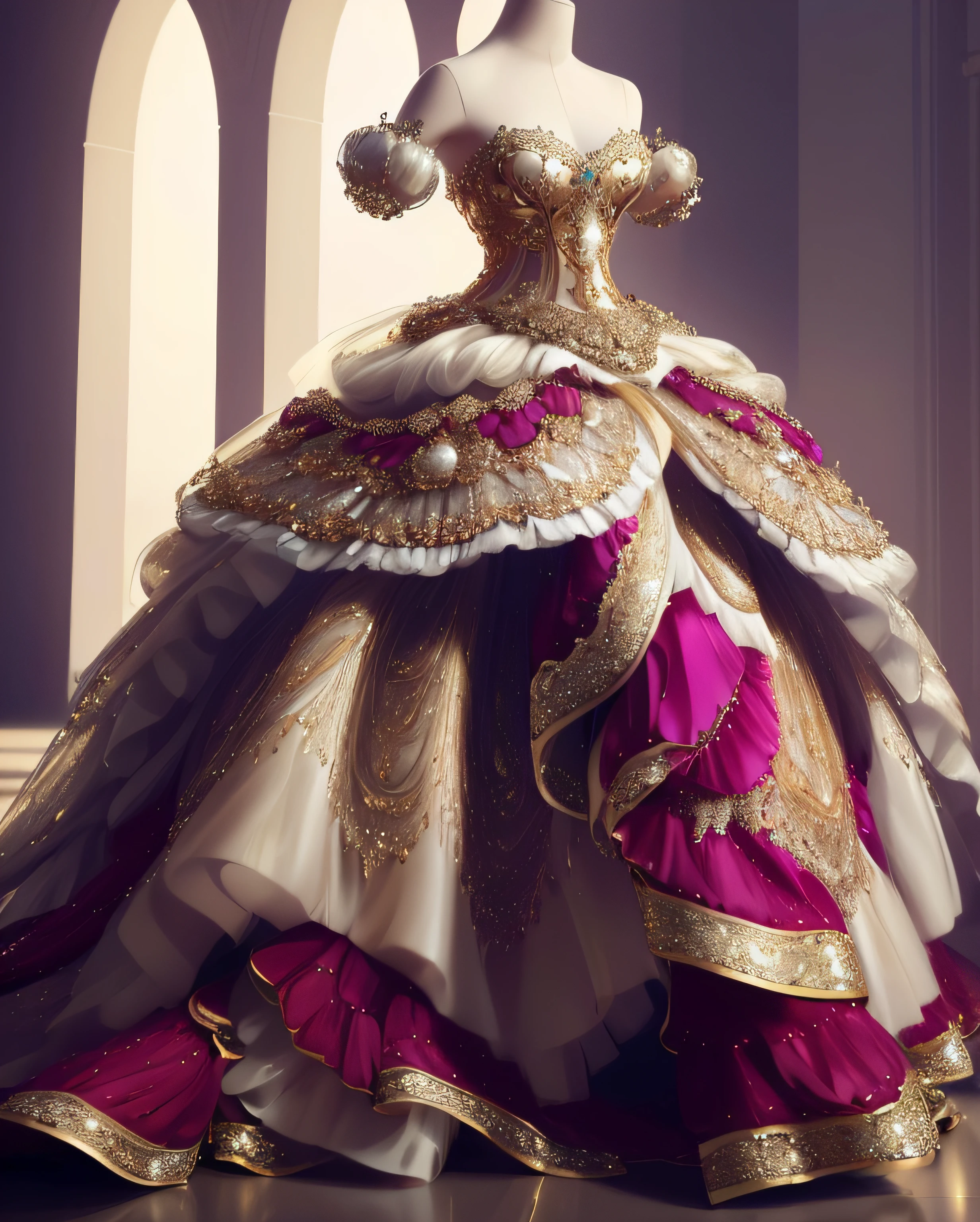 a hyper realistic photograph of a girl standing wearing a majestic light beige and gold ball gown dress, big beautiful dress, intricate puffy ball gown with lots of ruffles and rhinestones (Best quality, masterpiece, ArtStation, Fantasy Art:1.2), a palace room, a beautiful cute girl, (long white hair:1.1), (intricate short gold skirt, bare legs:1.2, full body shot)