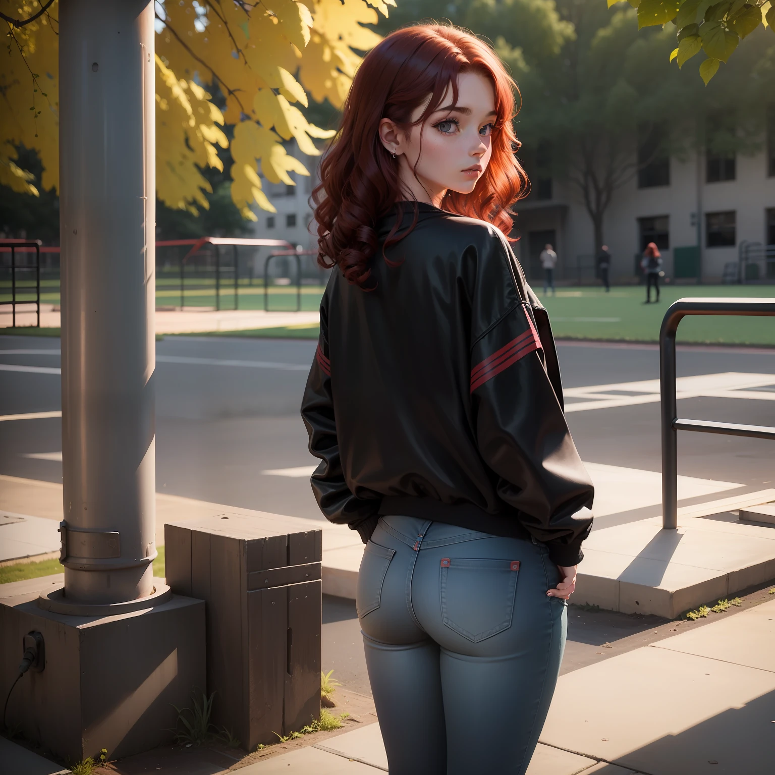 A twenty-year-old girl，Back shadow，On the school playground，Dark red hair，Waist length and wavy curls，Dark green baseball sweatshirt jacket，Loose fit black denim trousers，Black leather boots，standing on your feet