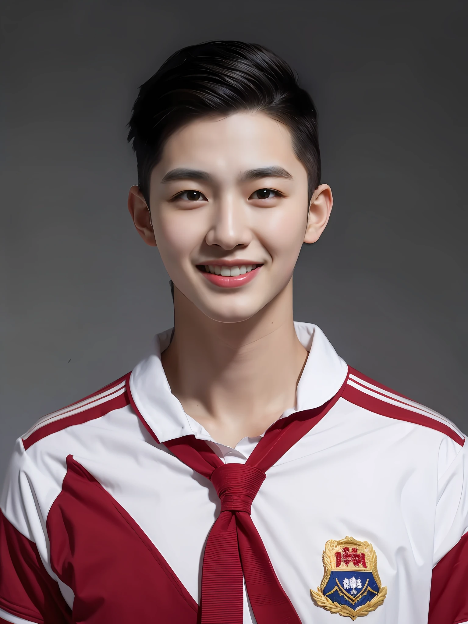 A Chinese male high school student，Wear colorful school uniforms，solid color backdrop