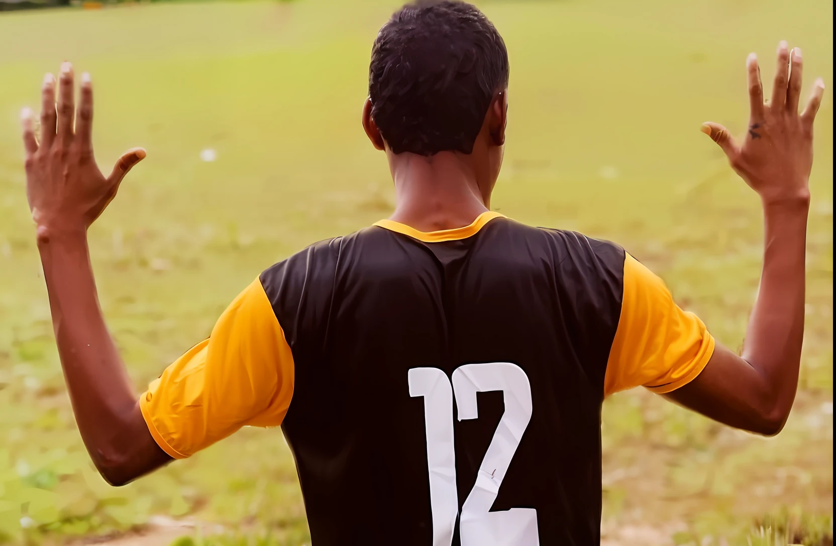 There's a young man standing in a field with his hands up, vestindo uniforme de futebol escolar, medium shot taken from behind, foto do instagram, jogador de futebol, Back view. Nuri Iyem, jogador de futebol, Estilo Mohamed Chahin, Carregado, close-up shot taken from behind, Mohamed Chahin, screensaver, foto em alta, wearing a volleyball jersey