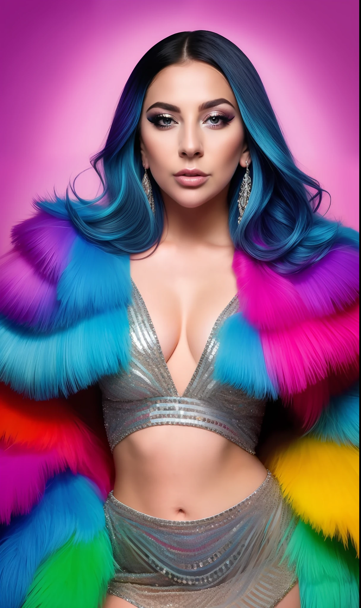Lady GaGa vestido de colores brillantes y diamantes,plumas y diamantes ,extravagante,textura 4K, cabello largo y de colores, calidad alta, cuerpo completo,varias poses corporales,peinado extravagante, Original album cover, imagen 8k, futurista, alta calidad de imagen, en la noche, accesorios en el cabello, imagen 8k, rostro realista en alta calidad, cuerpo completo, diferentes poses corporales, alta calidad en el rostro, rasgos definidos,HD, rostro realista y definido 4k