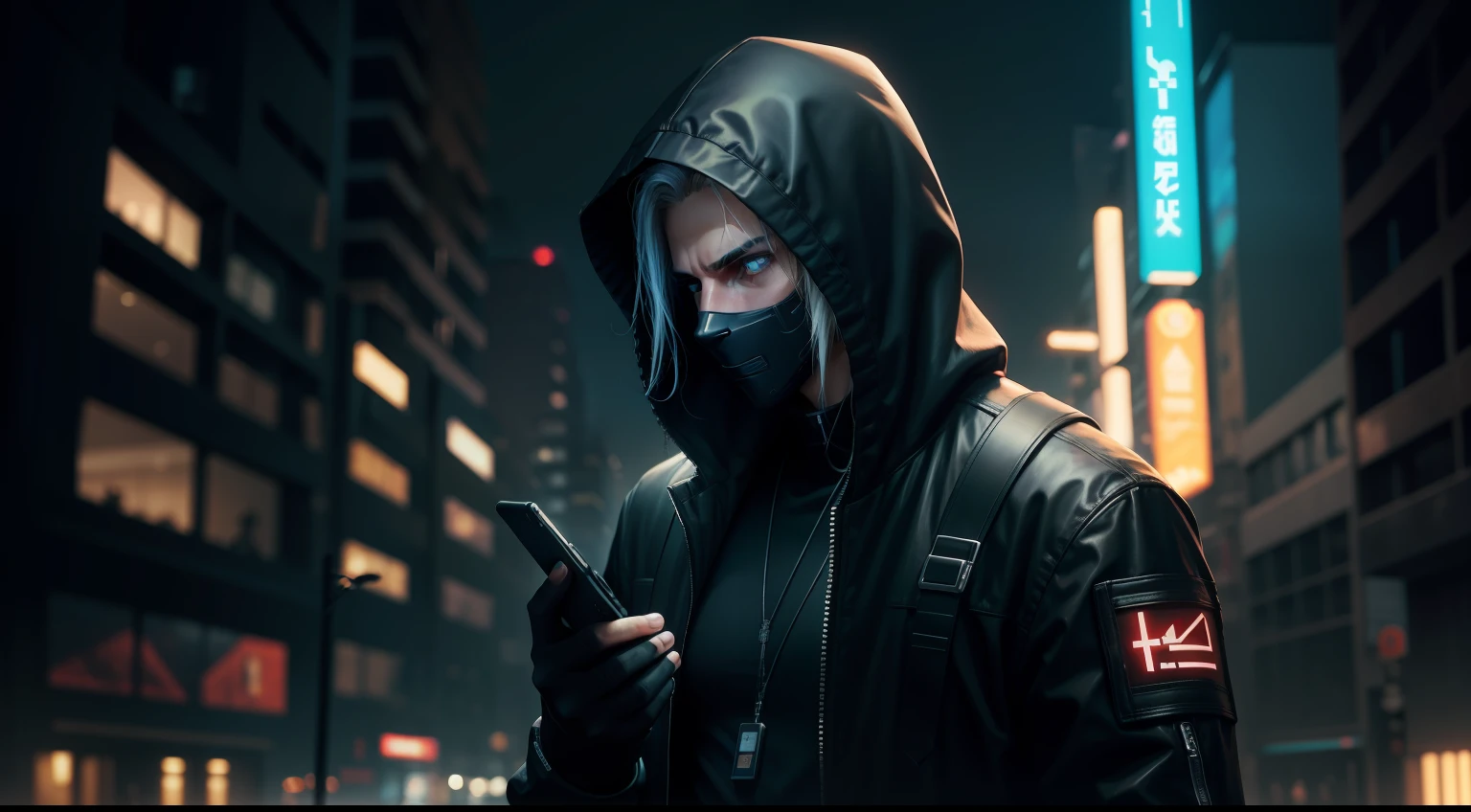 hacker, 1man, cell phone in hand, cidade, cyberpunk, capuz, caminhando, dark, high detail, 4k