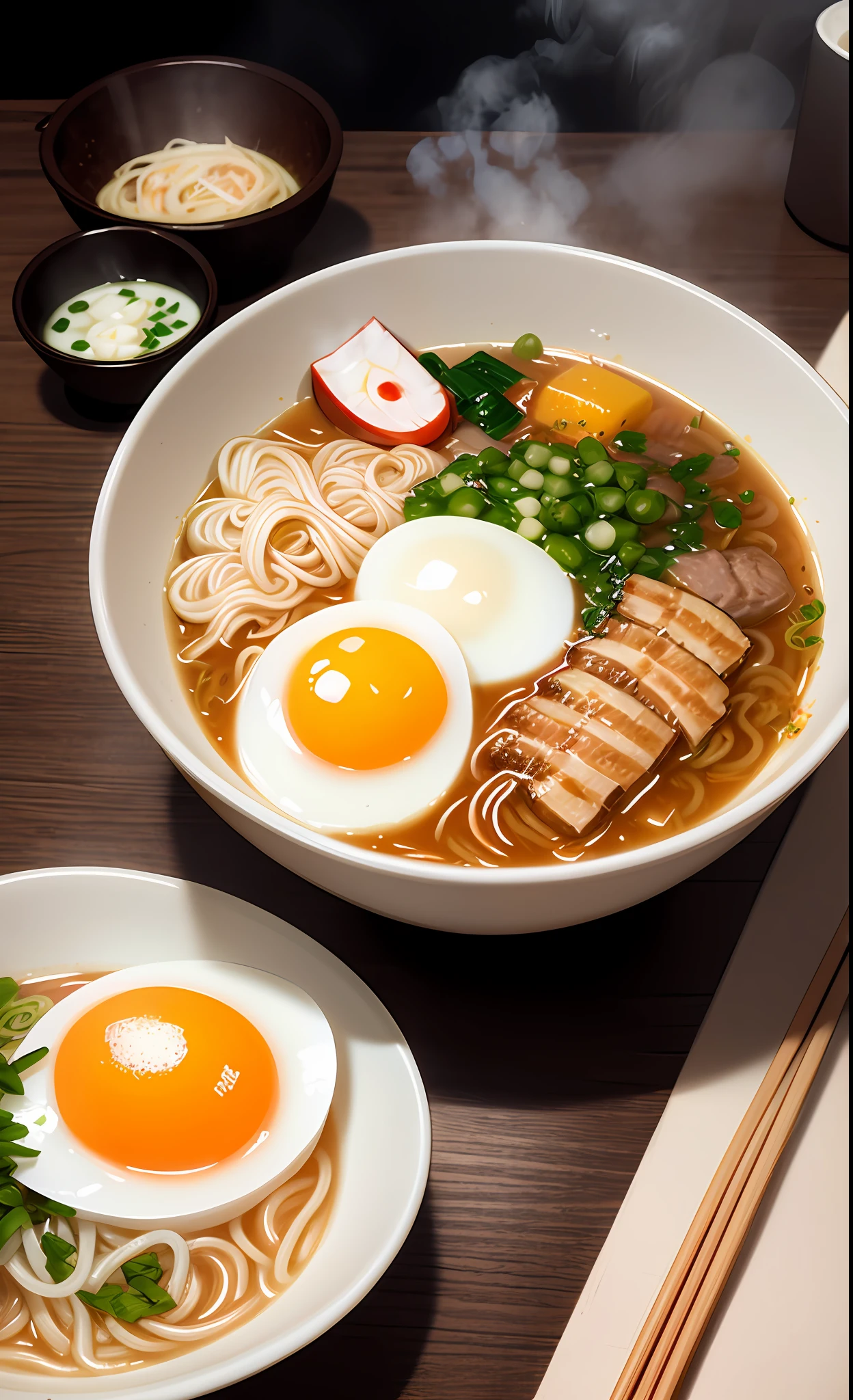 ultra detailed 8k cg, japanese ramen, chopsticks, egg, steam