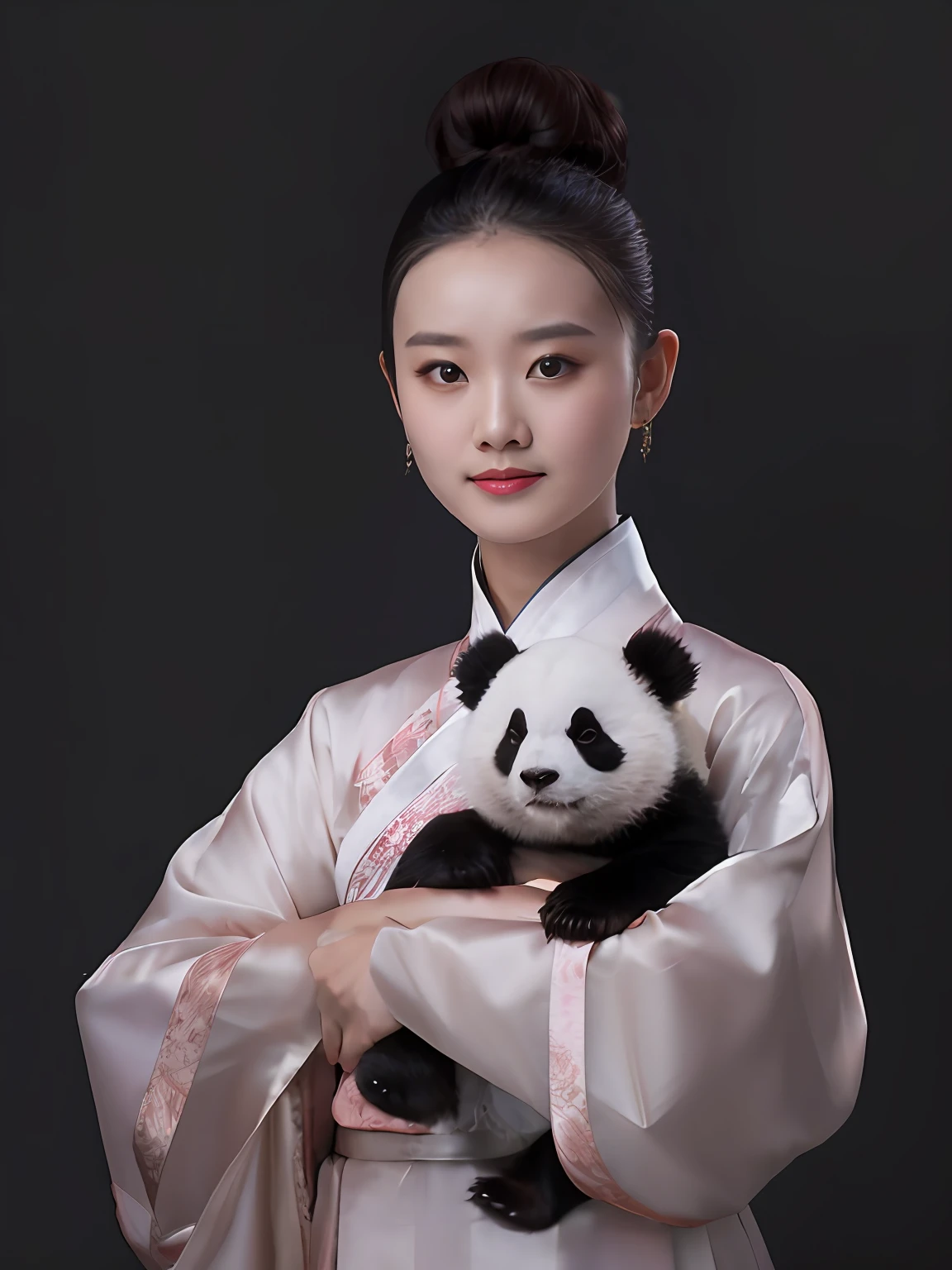 Araki woman in kimono holding a panda bear, Palace ， A girl in Hanfu, with acient chinese clothes, White Hanfu, Hanfu, inspired by Luo Mu, yin zhen chu, Wearing ancient Chinese clothes, Zhang Pengzhen, in style of pan ren wei, Chinese girl, Yun Ling, Cute panda, xintong chen