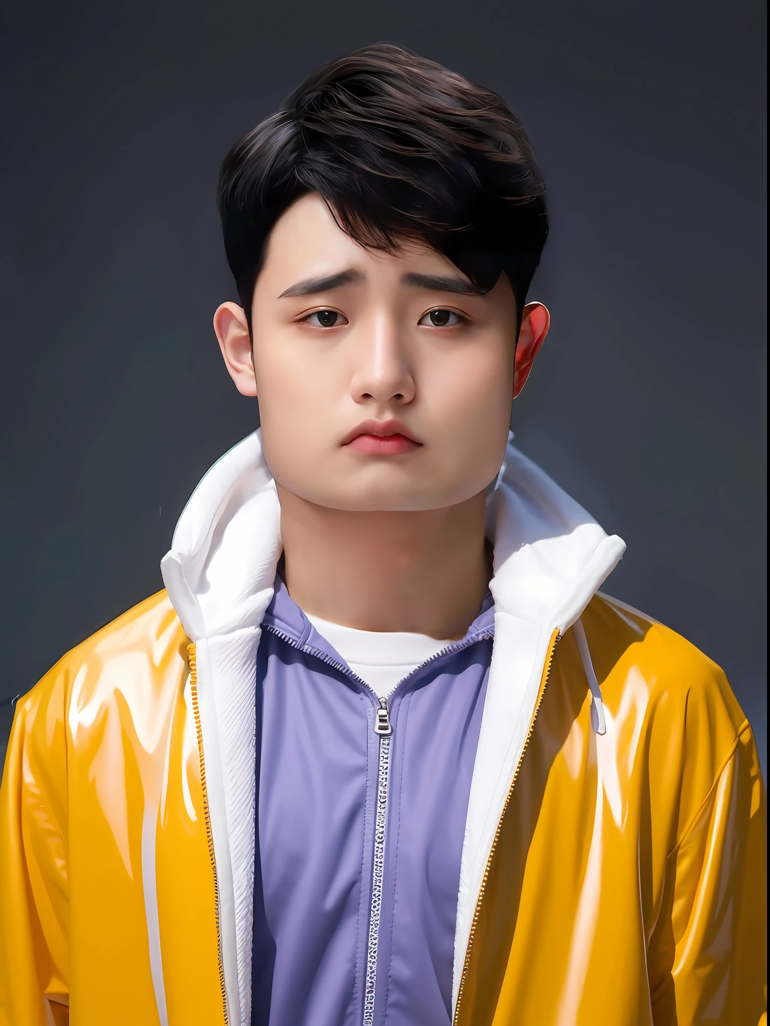 A Chinese male high school student,Wear casual sportswear in PVC,There are zippers,The hair color should be purplish-red