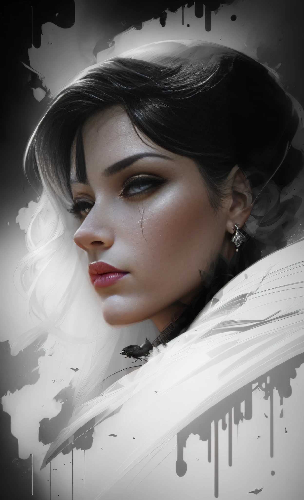 a black and white drawing of a woman with a bird on her head, stunning digital illustration, estilo de arte charlie bowater, Arte digital detalhada em 4k, arte do personagem charlie bowater, Epic portrait illustration, arte em preto e branco, Neoartcore e Charlie Bowater, Arte digital altamente detalhada em 4k, Martin Ansin, Retrato da obra, 8k arte impressionante