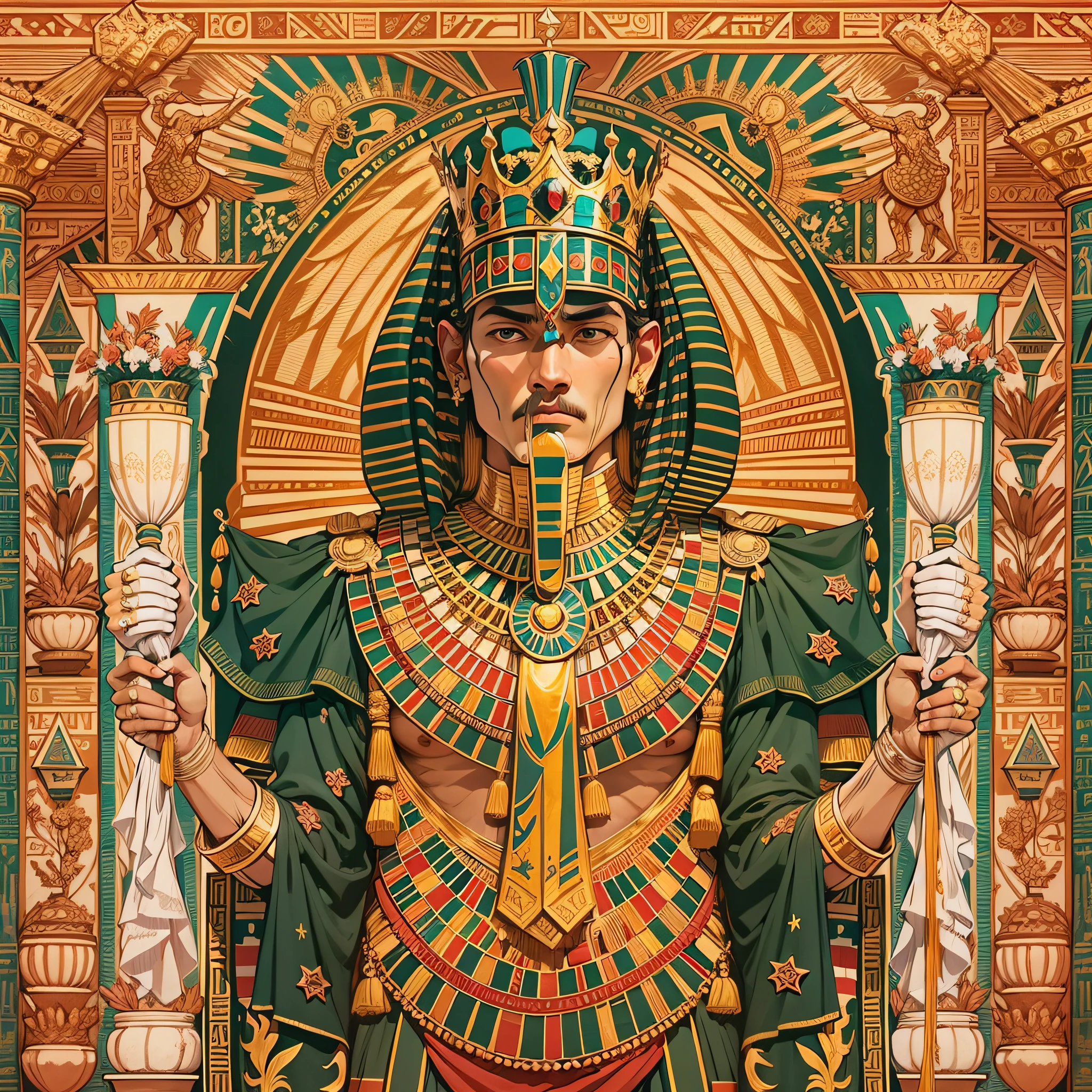 Create an illustrative image of an empowered king of Egypt in his royal hall, exibindo sua autoridade e grandiosidade. The king is to be represented with royal vestments and props, while the hall is shown with impressive Egyptian architectural details. Use vibrant colors and Egyptian symbols to enrich the scene, conveying respect to the historical and cultural importance of the king.