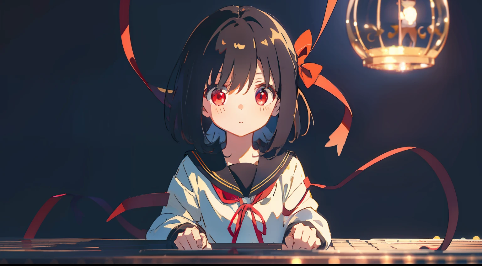 In a large birdcage、black backgrounds、One girl、A dark-haired、Physical education sitting、Black sailor suit、​masterpiece、Top image quality、top-quality、cute little、red eyes、long、beautiful hairl、black backgrounds、Ribbon background