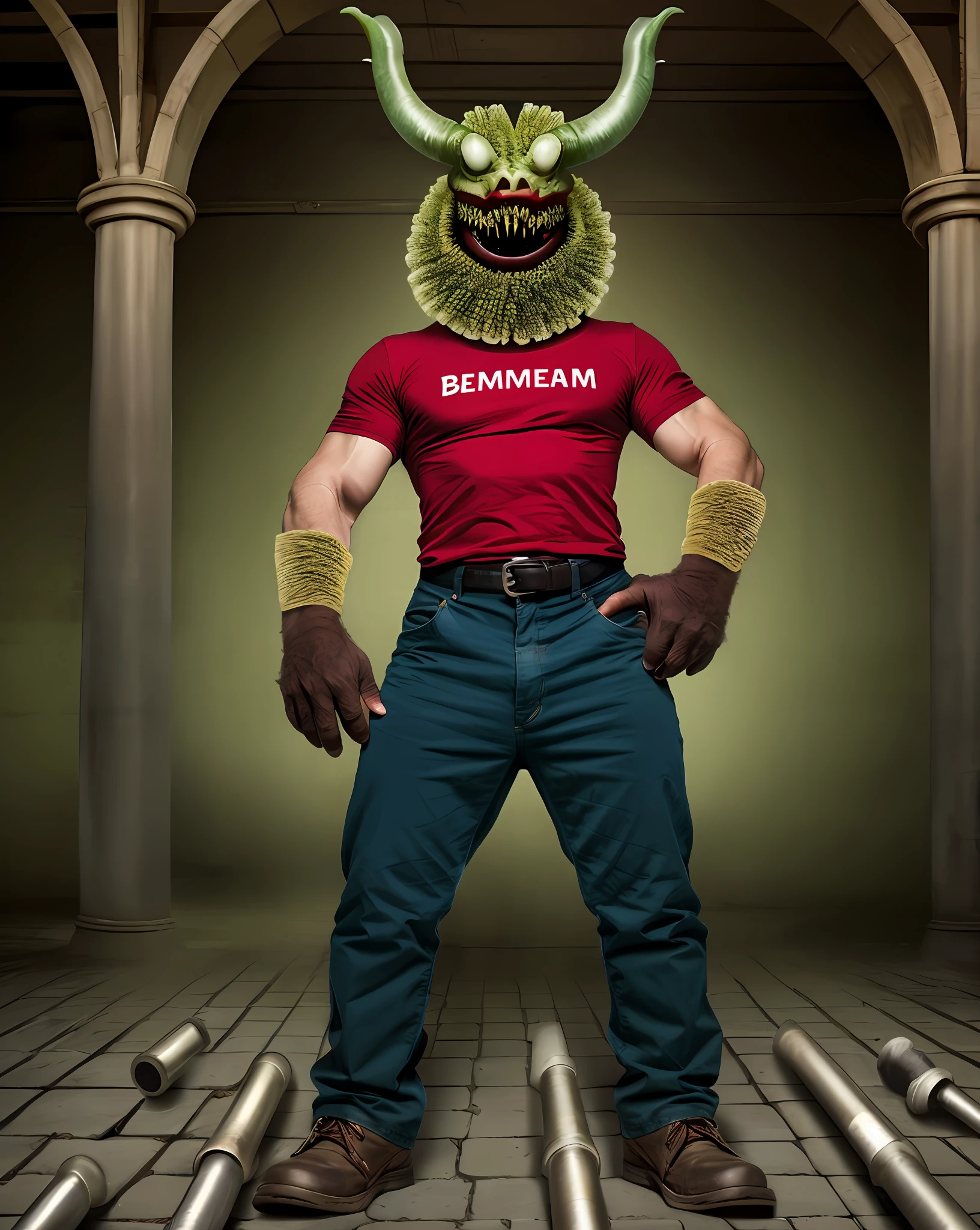 Monster with brown pants and red T-shirt written teleAlarm Brazil made of screw and loofah.