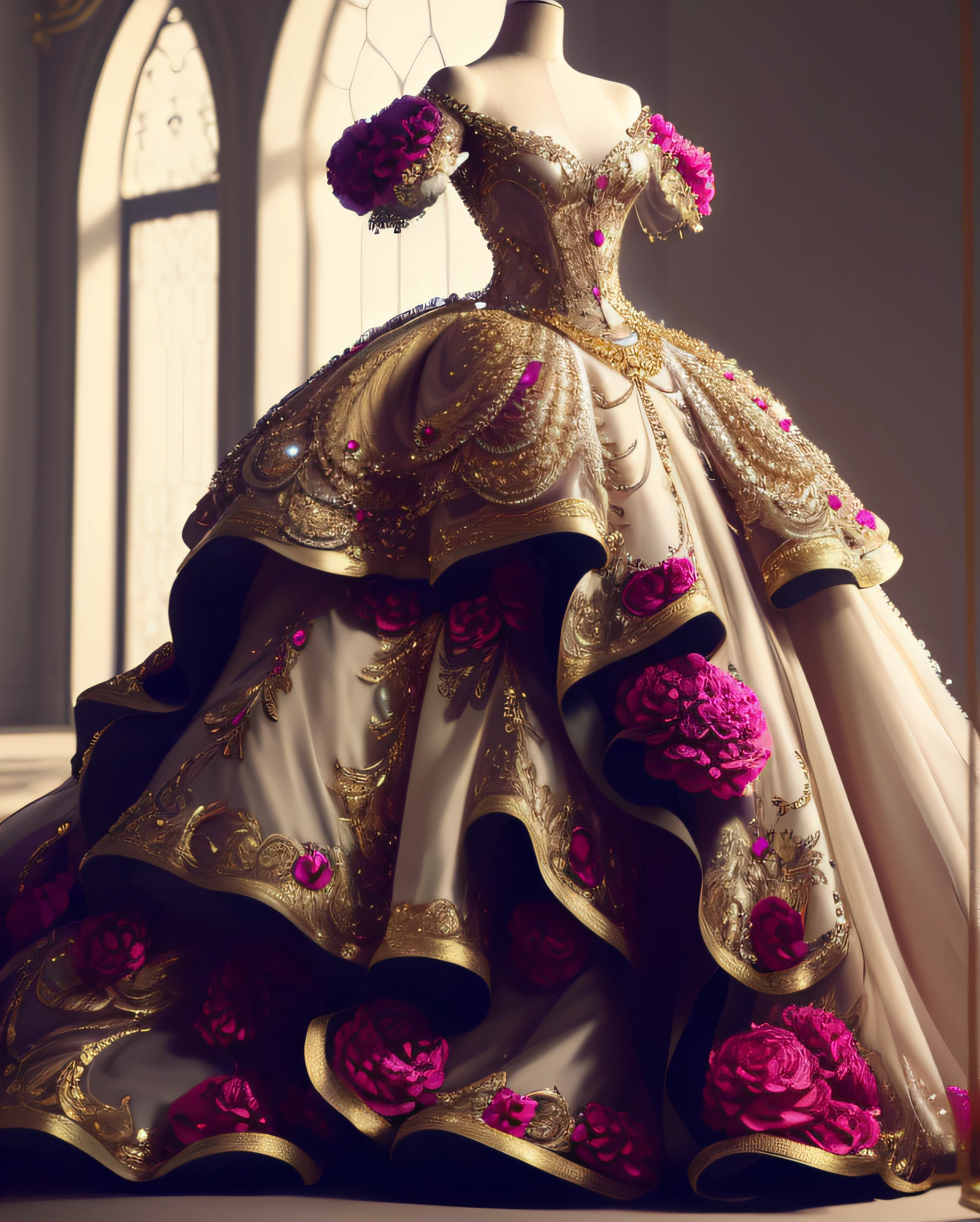 a hyper realistic photograph of a girl standing wearing a majestic light beige and gold ball gown dress, big beautiful dress, intricate puffy ball gown with lots of ruffles and rhinestones (Best quality, masterpiece, ArtStation, Fantasy Art:1.2), a palace room, a beautiful cute girl, (long white hair:1.1), (intricate short gold skirt, bare legs:1.2, full body shot)