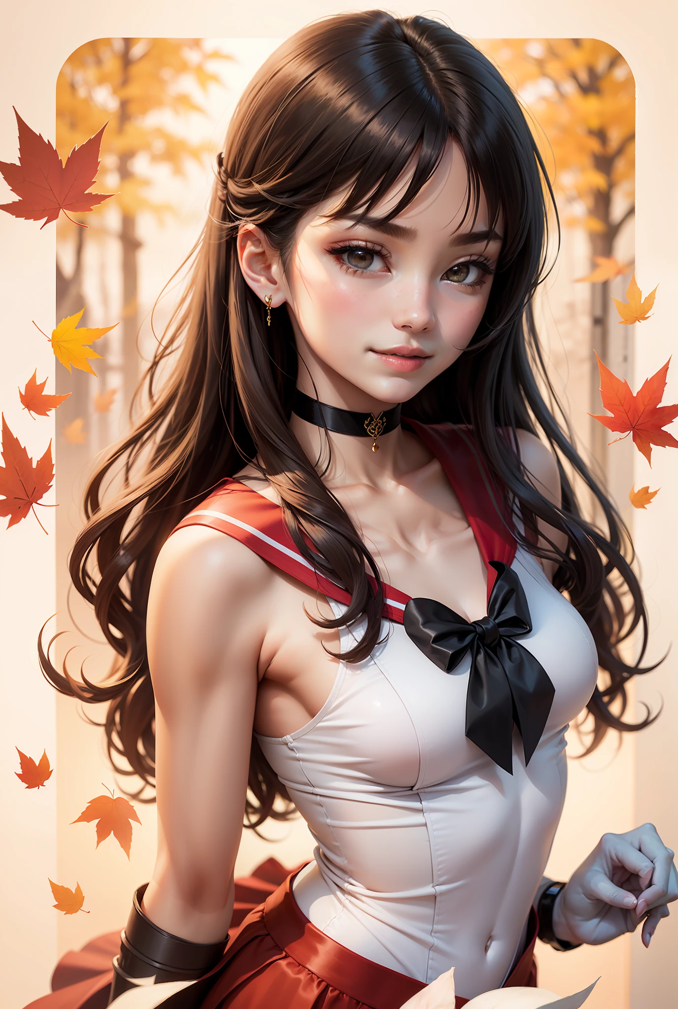 sailor_mars、1boy、shoun、Beautiful Boys、Handsome、genderswap、genderswap_(ftm)、sailor_senshi_uniform、hino_rei、solo、red_sailor_collar、blue_breast_ribbon、autumn_leaves、long_hair、rating:safe、fire、magical_warriors、choker、red_choker、black_hair、white_leotard、maple_leaf、bow、traditional_media、autumn、leaf、marker_(medium)、neck、upper_body、elbow_gloves、makeup、jewelry、circlet、looking_at_viewer、gloves、eyelashes、lips、red_bow、smile、red_skirt、collarbone、bare_shoulder、flat_chest、flat_breasts、