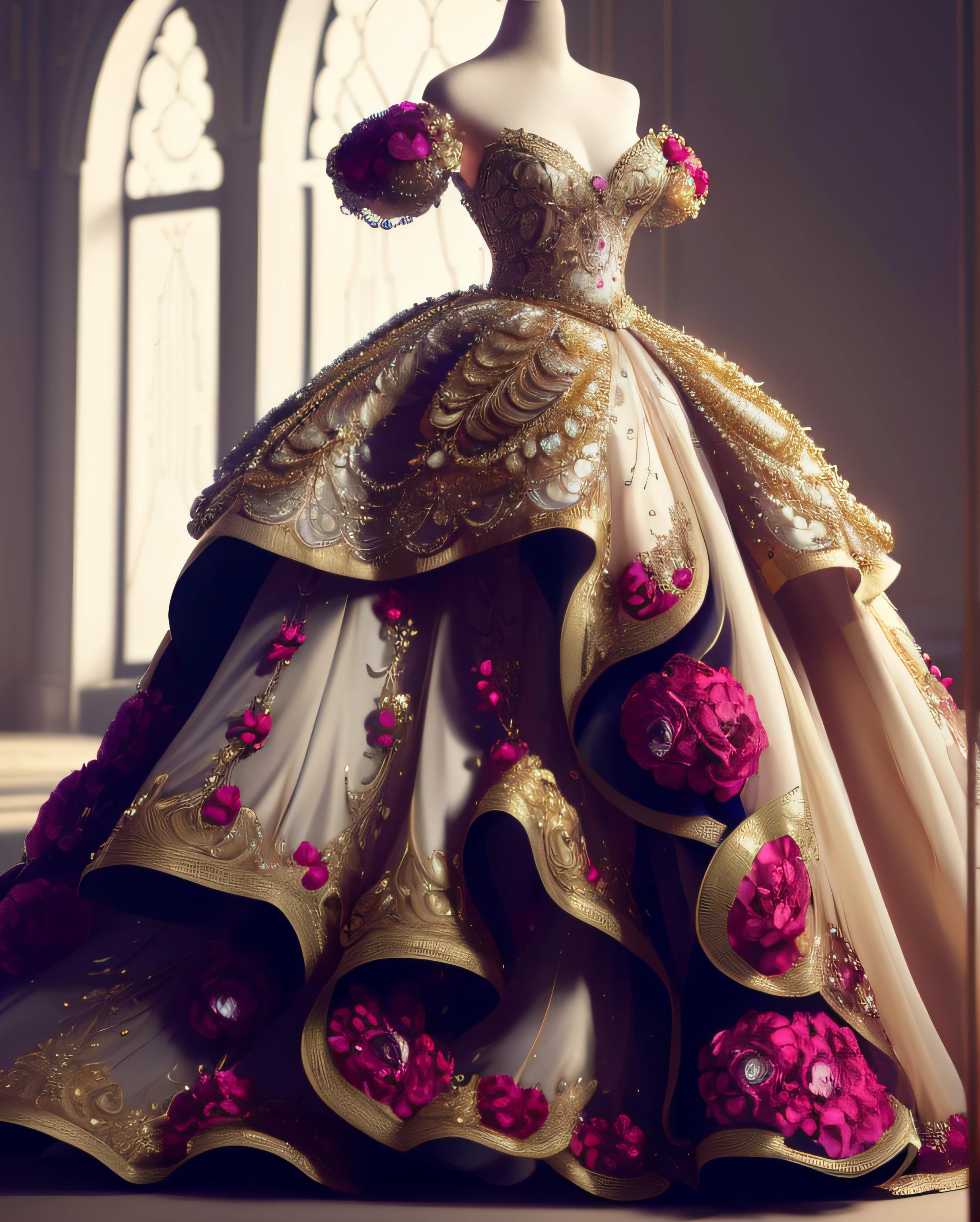 a hyper realistic photograph of a girl standing wearing a majestic light beige and gold ball gown dress, big beautiful dress, intricate puffy ball gown with lots of ruffles and rhinestones (Best quality, masterpiece, ArtStation, Fantasy Art:1.2), a palace room, a beautiful cute girl, (long white hair:1.1), (intricate short gold skirt, bare legs:1.2, full body shot)