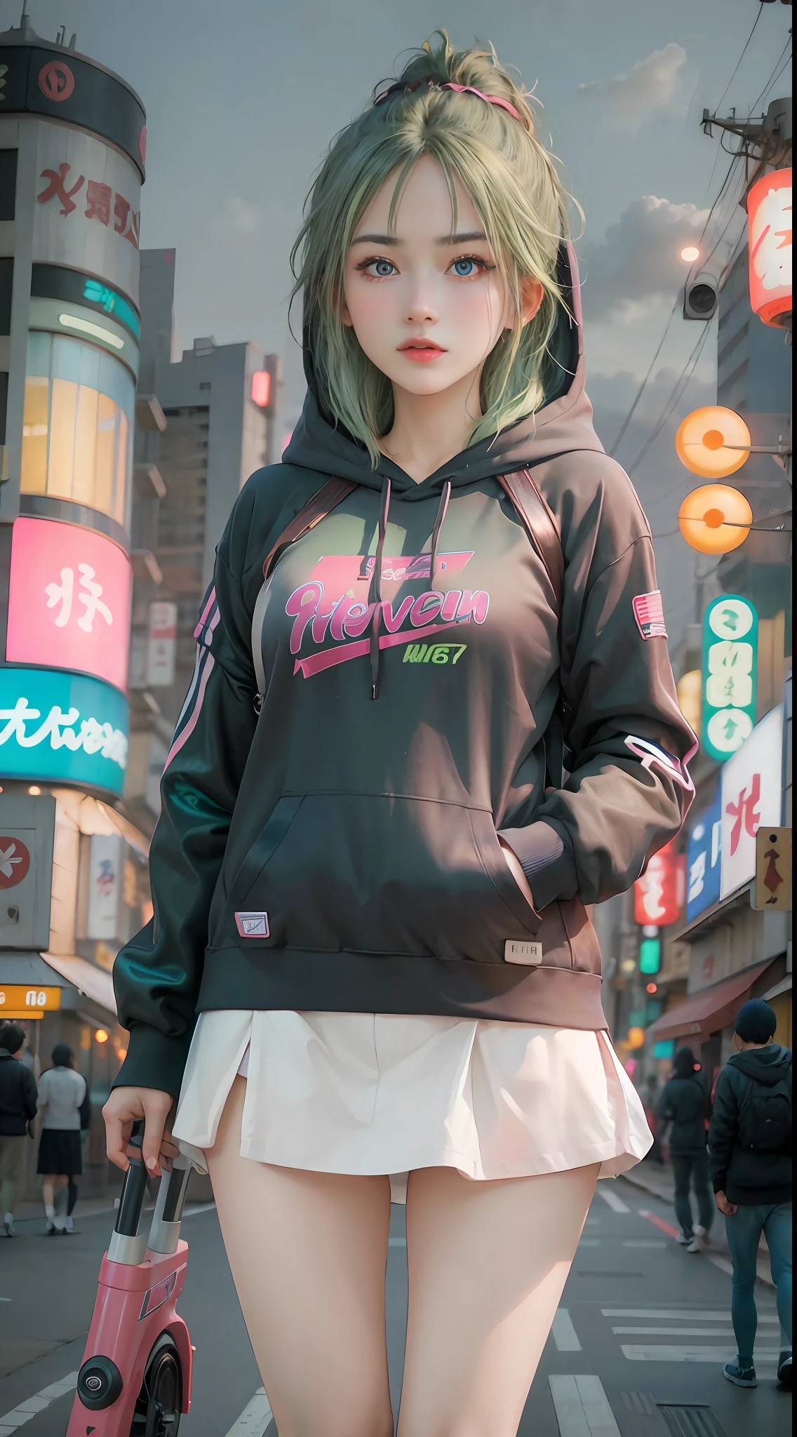 very low angle, full bodyesbian (8K, RAW photo, Highest quality, Masterpiece), High Detail RAW Color Photo Professional Close Photo, (Realism, Photo realism:1.4), (Highest quality), (Best shadow), (Best Illustration),Surreal face, Blue eyes, Girl with long neon green hair, Wear a short hoodie hood, Plaid plaid long skirt, Tight high socks, Hide the hoverboard, tokyo at night, neonlight, Neon pink, neon blue, Neon lime green,