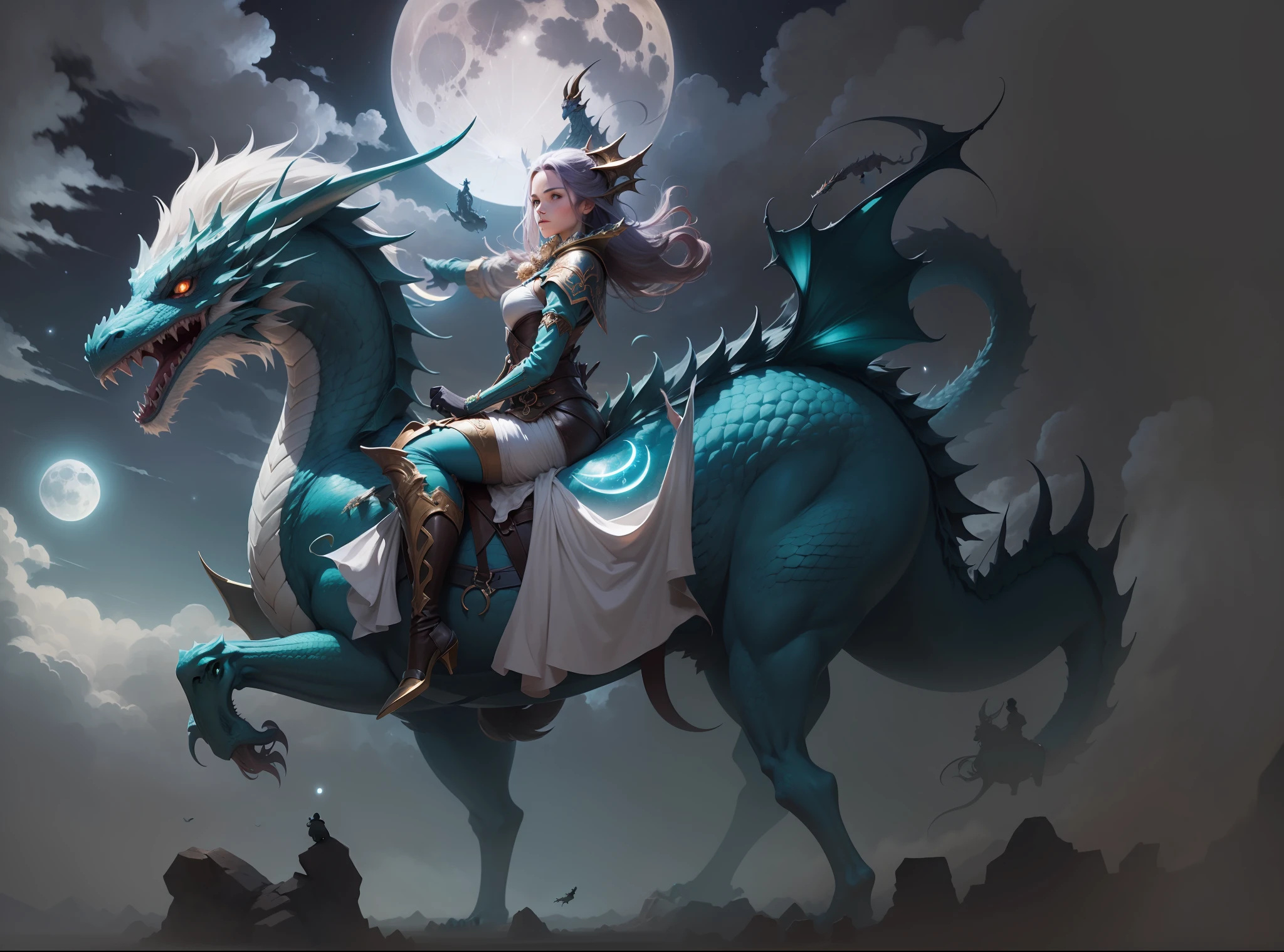 A woman riding on a dragon, in the sky, with the moon.
