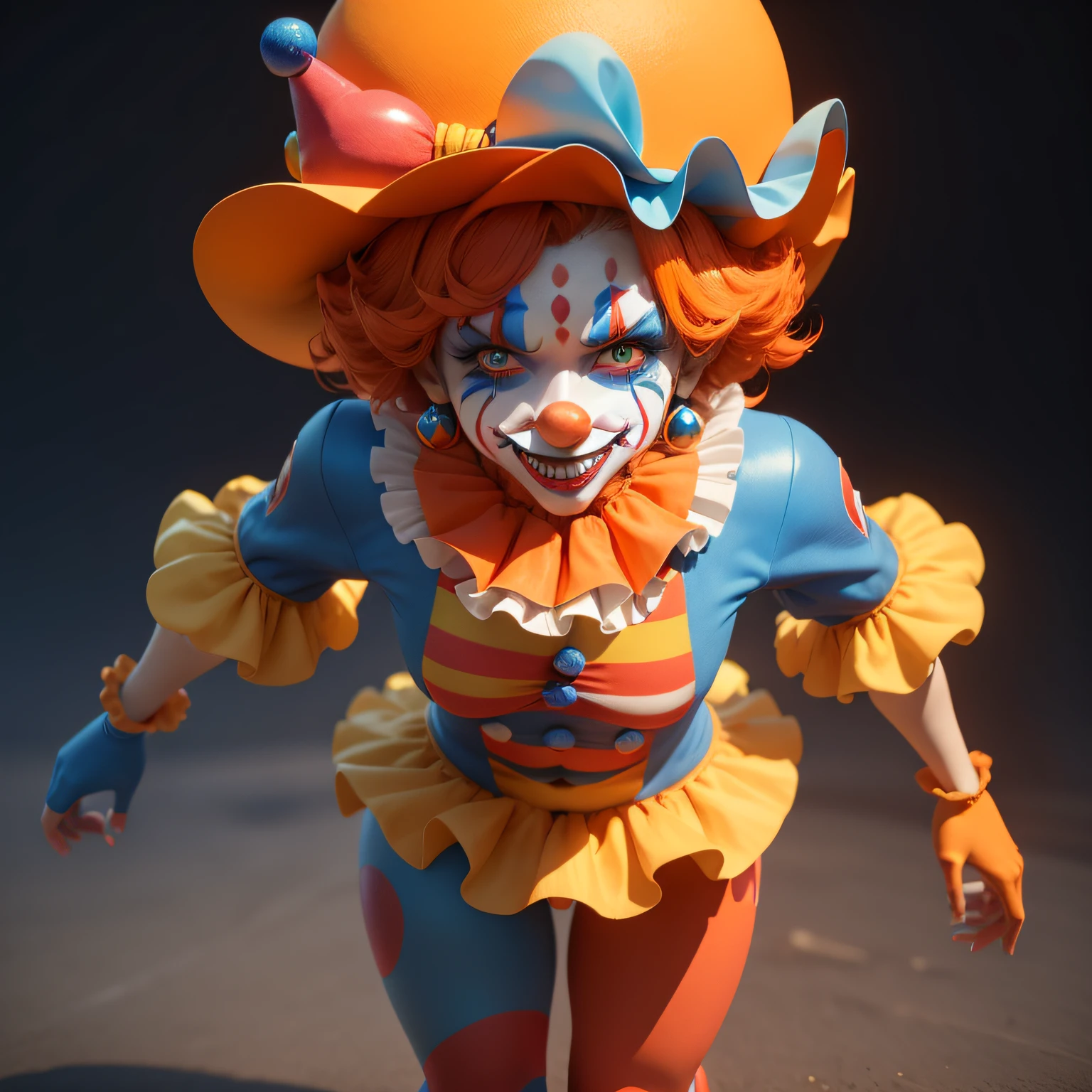 (melhor qualidade, 3D rendering, personagem de arte, Blue clown costume and orange hat, cosplay profissional)