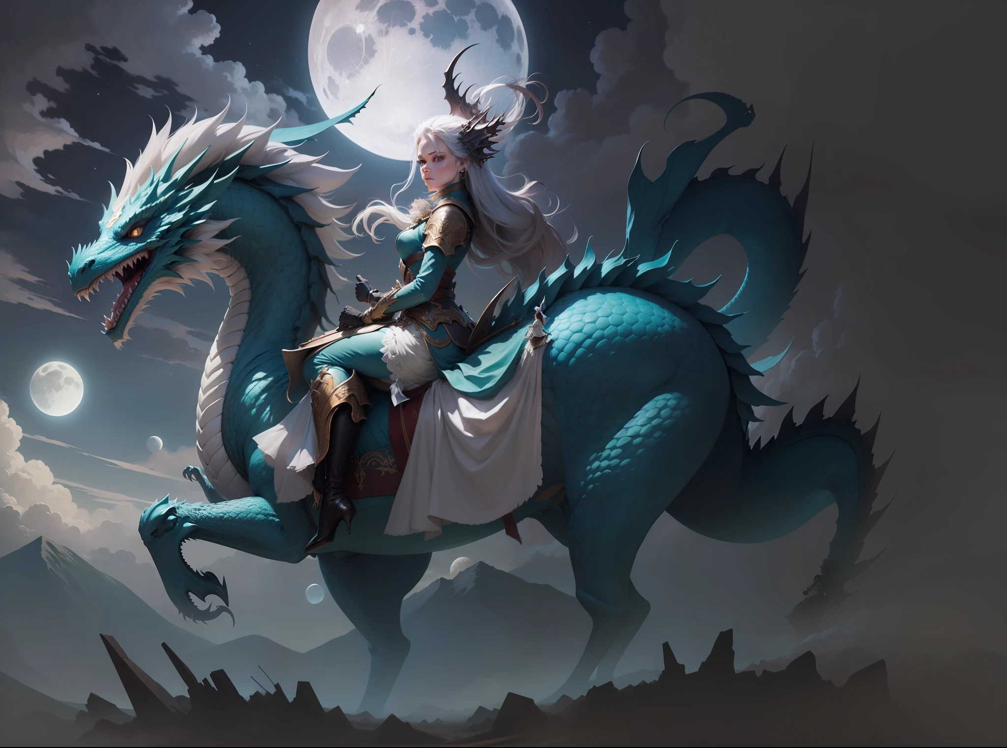 A woman riding on a dragon, in the sky, with the moon.