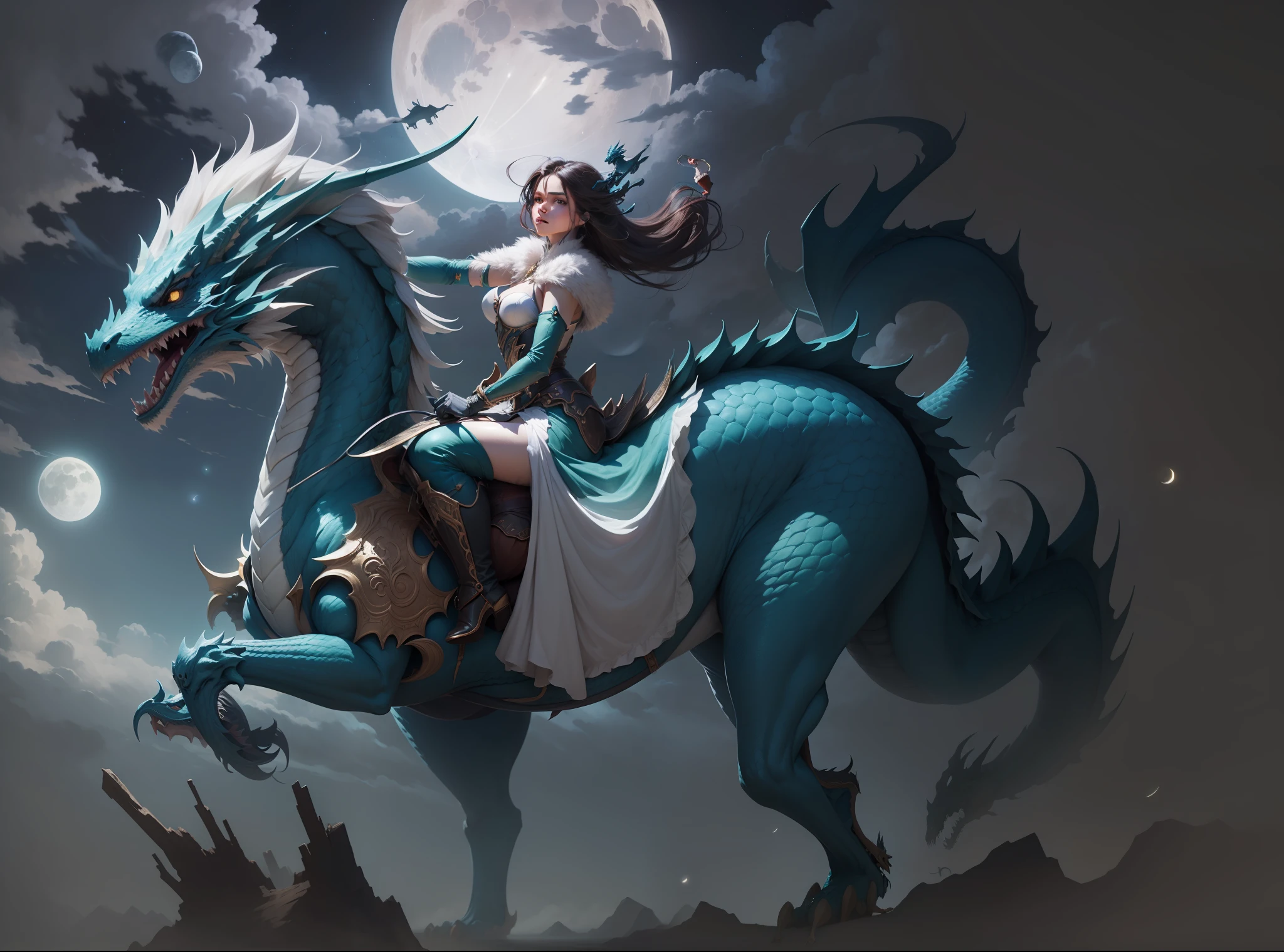 A woman riding on a dragon, in the sky, with the moon.