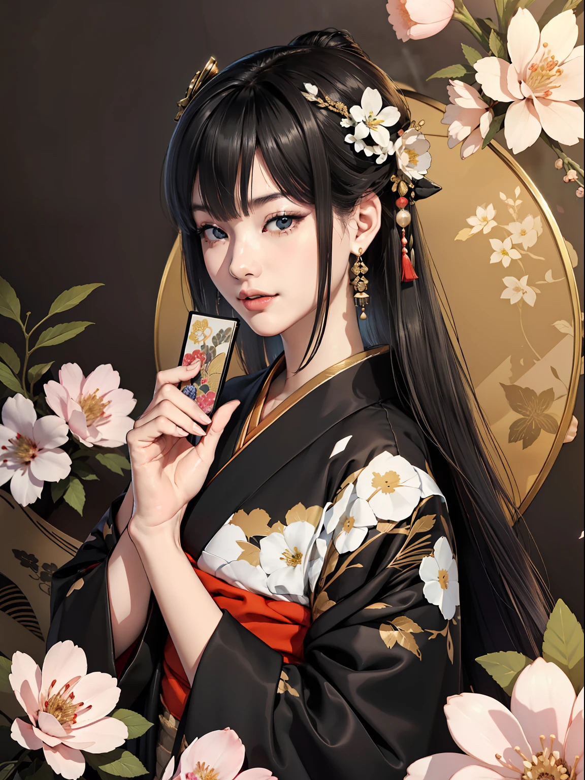 Mature girl、Long Black Hair、A slight smile、Black-haired、Colorful Japan kimono、Nishijin Ori、Delicate and smart eyes、intricate damask hanfu、Luxury accessories、FOV、F1.8、​masterpiece、complex scenes、flower petals flying、Diagonal portrait shot、