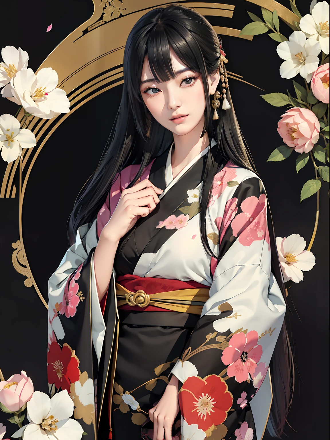 Mature girl、Long Black Hair、A slight smile、Black-haired、Colorful Japan kimono、Nishijin Ori、Delicate and smart eyes、intricate damask hanfu、Luxury accessories、FOV、F1.8、masterpiece、complex scenes、flower petals flying、Diagonal portrait shot、