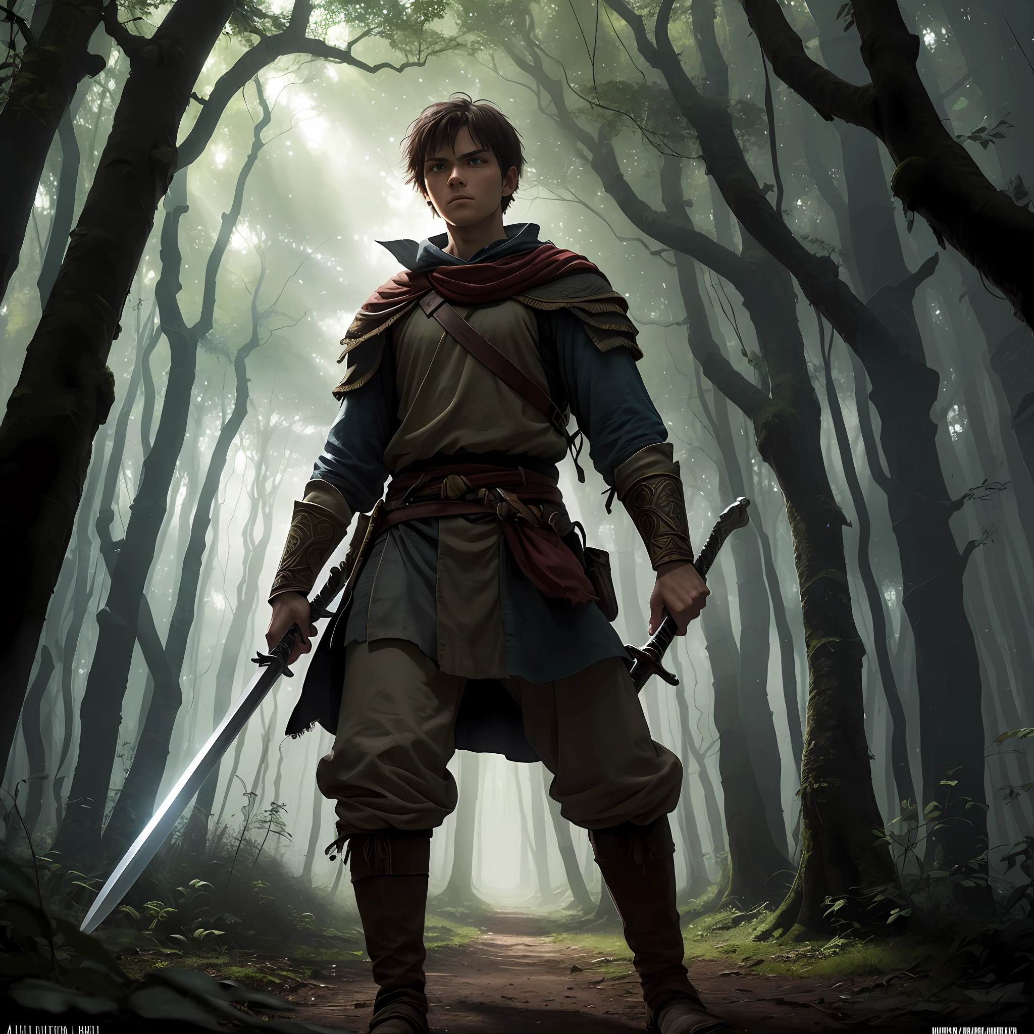 In the heart of an ancient and enchanted forest, a young and humble peasant embarks on an epic journey as the Chosen One destined to defeat the darkness threatening to engulf the realm. Clad in simple garb and wielding a legendary sword, he displays determination despite uncertainty in his eyes. --auto