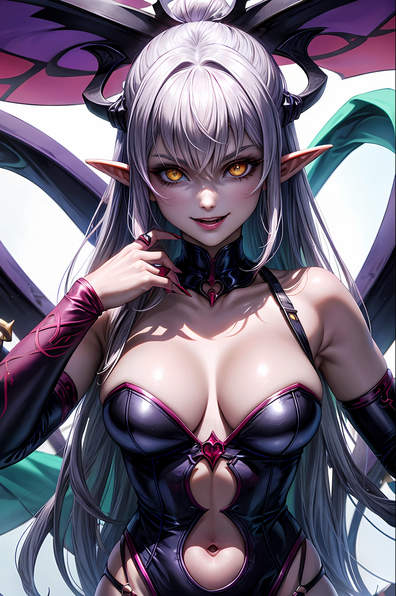 A female demon with elf ears coberta de sangue por todo o corpo rosto e cabelo, um rosto maduro com um sorriso perverso dentes de vampiro, e corpo volumoso com seios e busto enormes, Cabelos prateados com mechas roxas ,(purple and yellow demonic eyes), ((Heterocromia)), roupa aberta preta, espada dupla, unhas grandes longas e pontiagudas. Fundo preto cheio de agulhas ensaguentadas, Moda realista, sysie high definition details, fotografia, agudeza, unique 850 4, Koda850 k portrait camera, Primavera F1.6, cores ricas, Textura super realista, textura de luz espetacular, arte surreal, Cinestil 800 mecanismo de moda,