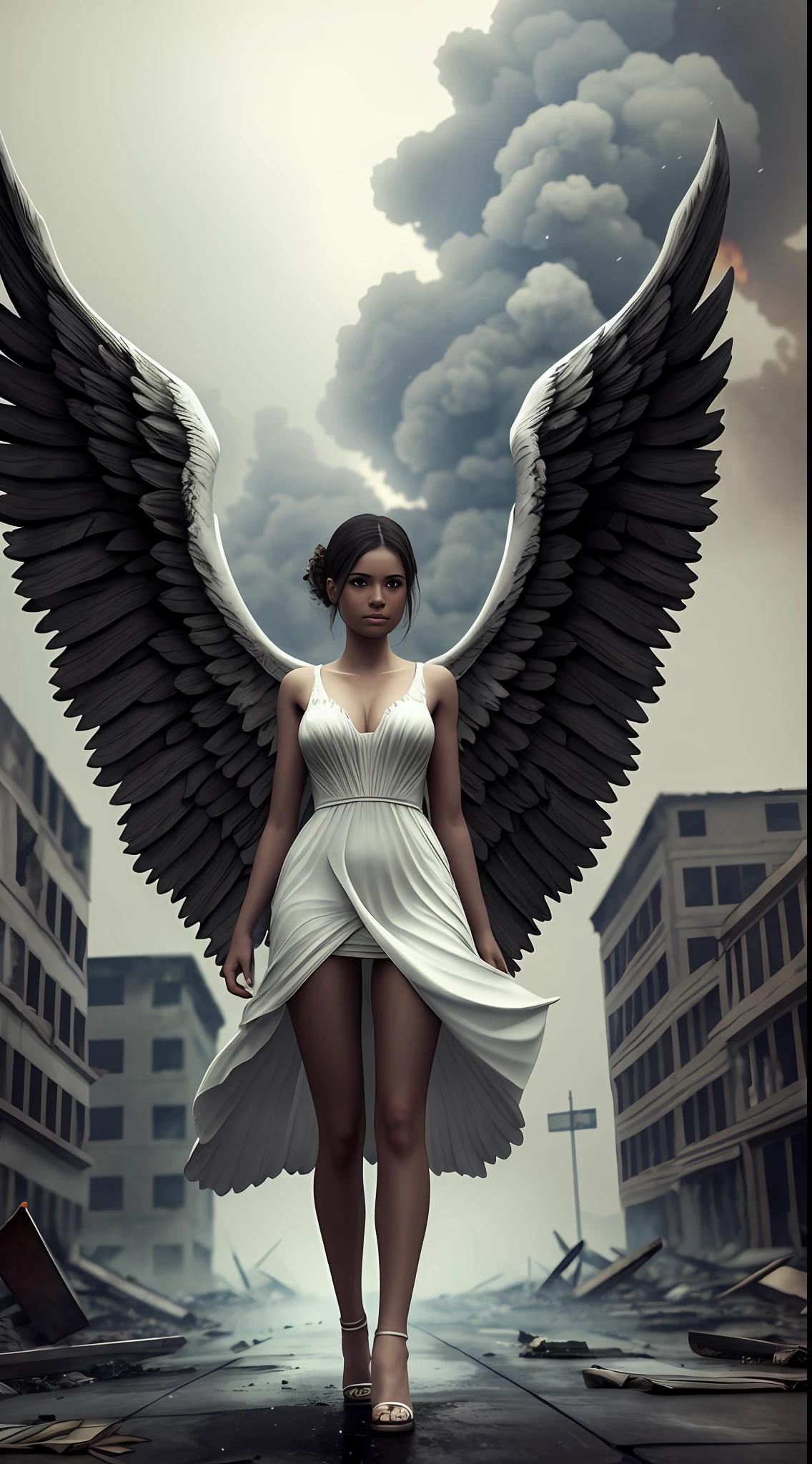 (front view:1. 2) of a graceful female angel, large white wings folded down, sad, intricate white dress, walk on decrepit street, destroyed buildings, dark sky, active fires in background, volumetric fog, subsurface scattering, ambient occlusion, post apocalyptic, ruins of war, fire, smoke, (bokeh:1. 4)