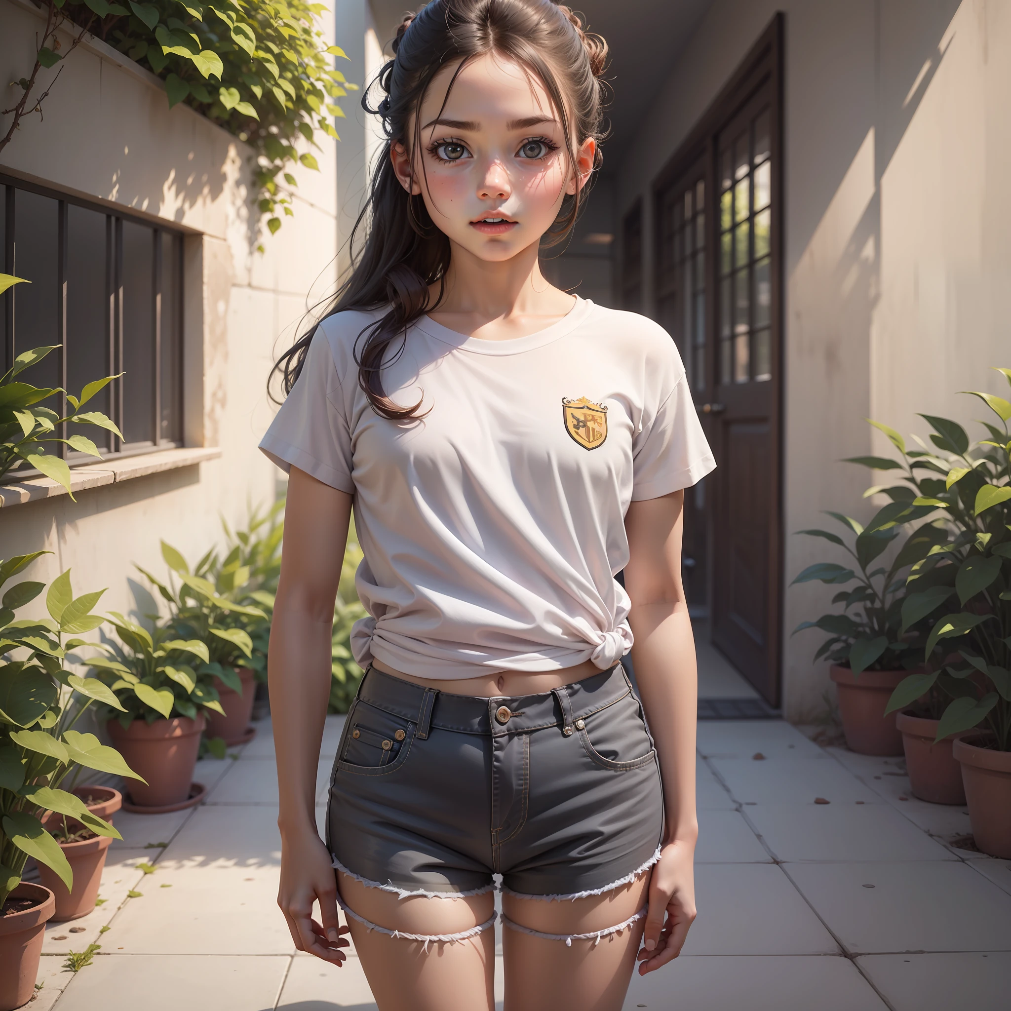 9-year-old girl in a tight T-shirt, pechos muy grandes, small waist, shorts ajustados, patio de escuela