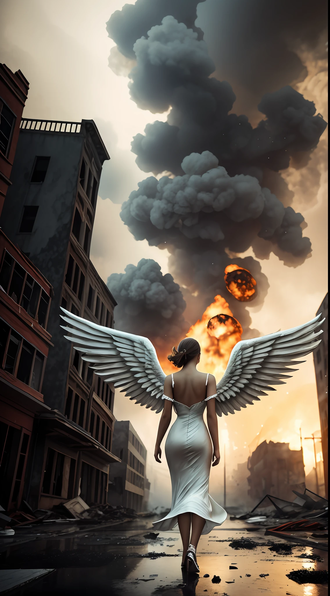 (front view:1. 2) of a graceful female angel, large white wings folded down, sad, intricate white dress, walk on decrepit street, destroyed buildings, dark sky, active fires in background, volumetric fog, subsurface scattering, ambient occlusion, post apocalyptic, ruins of war, fire, smoke, (bokeh:1. 4)