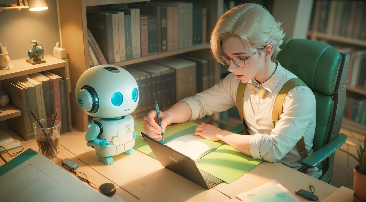 Cute fairy boy studying on computer with AI robot, (((Computer operation))), Man happily conversing with robot, No glasses, ((Vintage)), ((Retro)), Subdued Color, pastel tetradic colors, 3D vector art, Bright background, Cute and quirky, Fantasy Art, Watercolor effect, Bokeh, adobe ilustrator, handdraw, Digital Painting, Low-poly, Soft lighting, Bird's-eye view, Isometric style, retro aesthethic, focused on the character, 4K resolution, photo realistic render, Using Cinema 4D, (((Detailed interior of the library)))