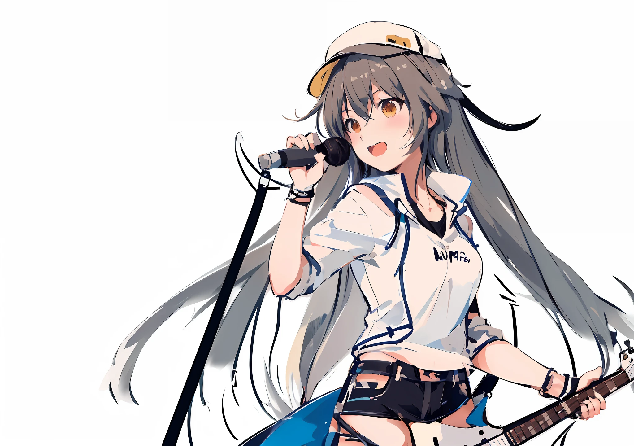 anime girl with a guitar and a microphone in her hands, Kantai collection style, Line sketch!!, with index finger, cushart kenz, anime moe art style, 2 d anime style, clean anime outlines, Marin Kitagawa fanart, anime sketch, monochrome artwork!!, rena nounen style 3/4, ilya kuvshinov with long hair