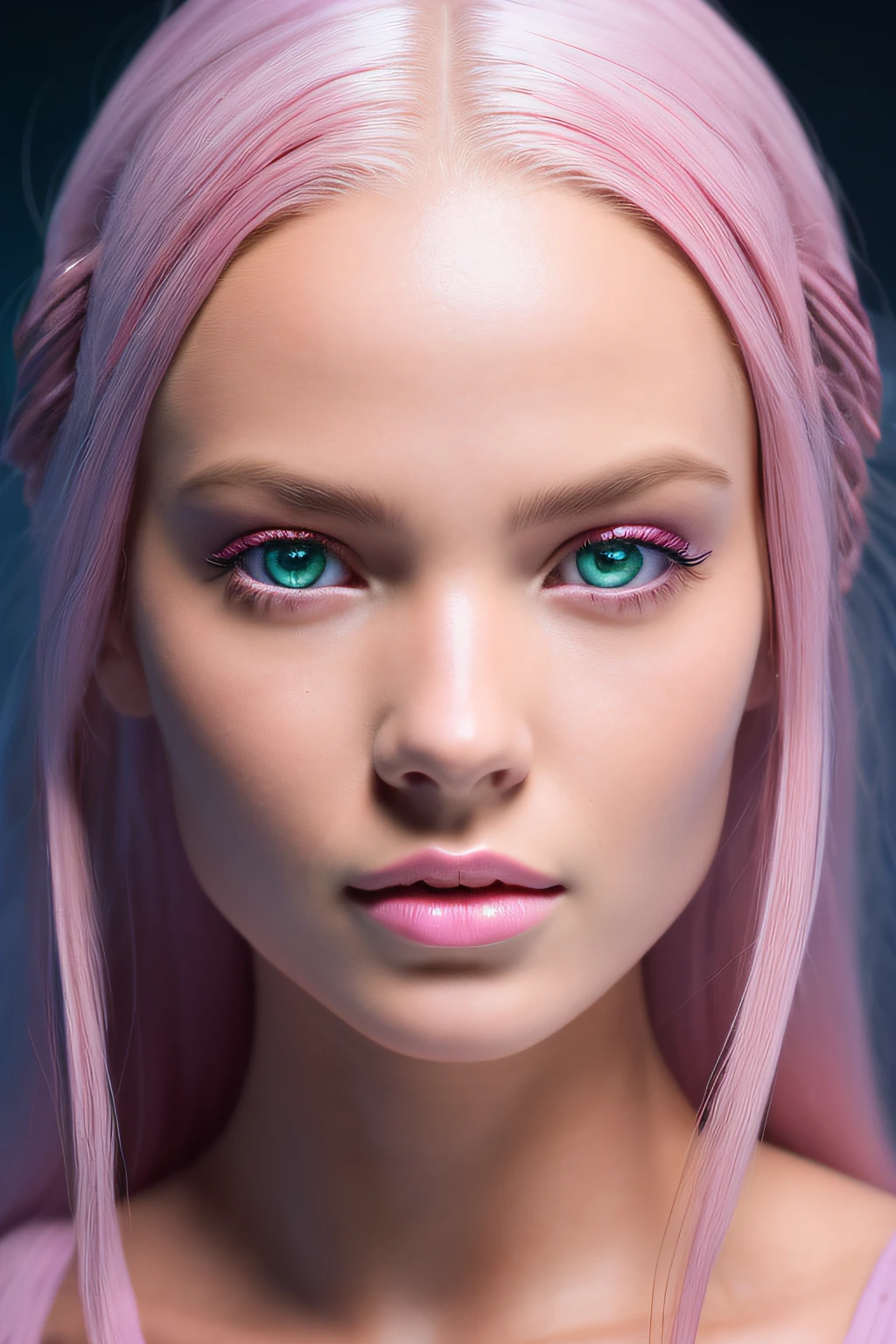 Pineal gland portrait, beautiful alien white girl, 8k, highly detailed, breathtaking, most beautiful miss woman, she has light pink hair, pink ass, sea metal bikini, very good proportions, photorealism, studio lighting, award photography.