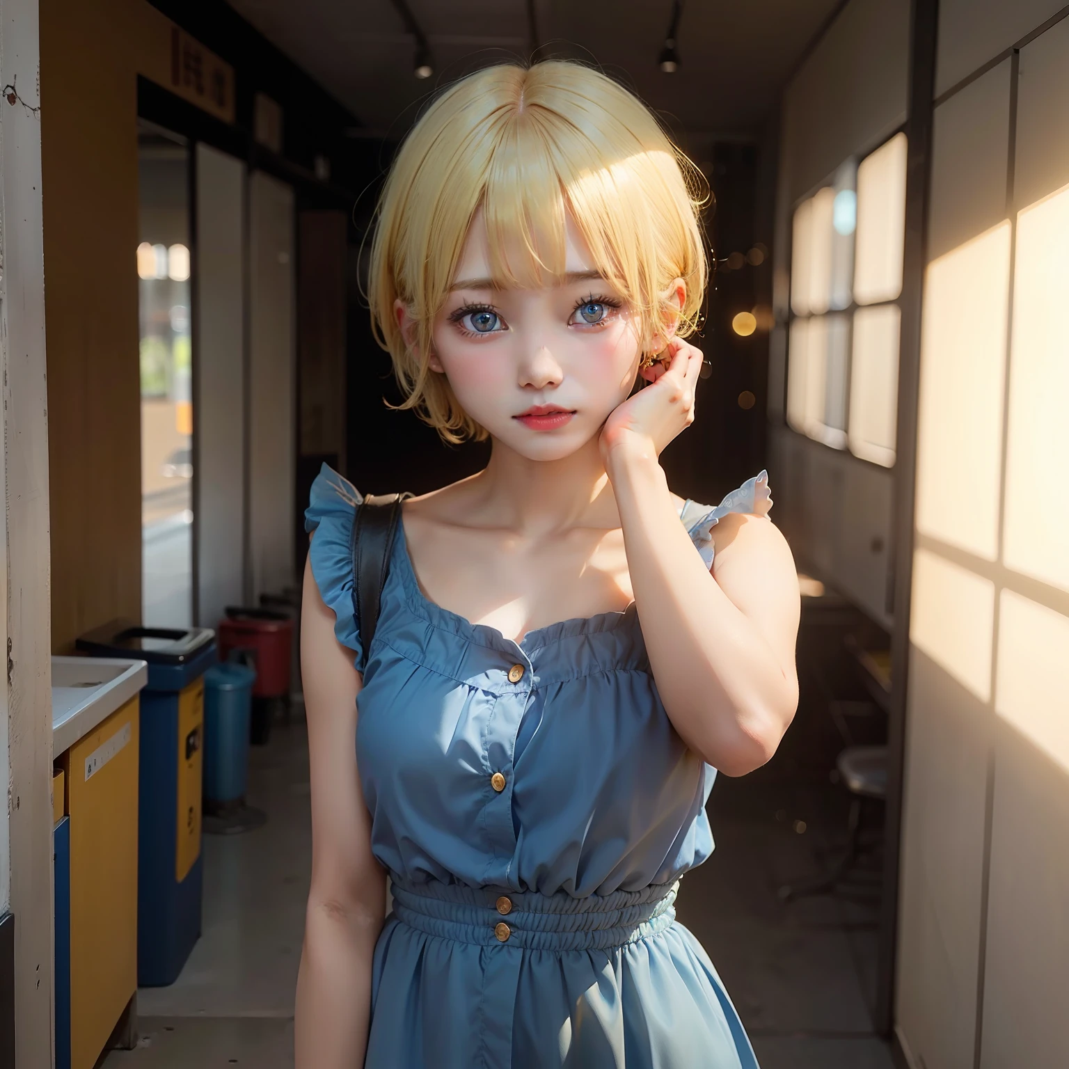 Cute girl in blue dress high definition woman blonde yellow short hair,  Red dust pupils are black