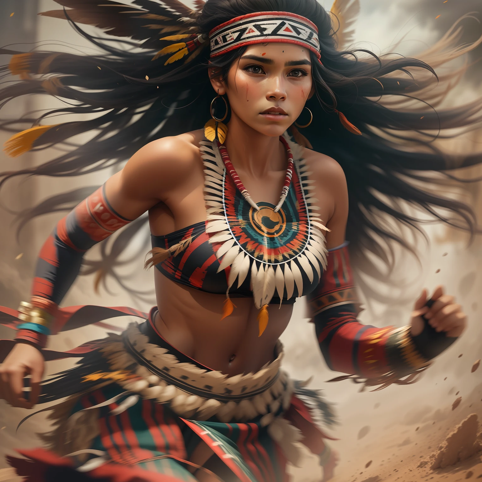 A beautiful indigenous woman running, cabelos pretos longos cacheados com franja, rosto bonito, imagem de corpo inteiro, imagem alto detalhe, simetria, Arte de Fantasia