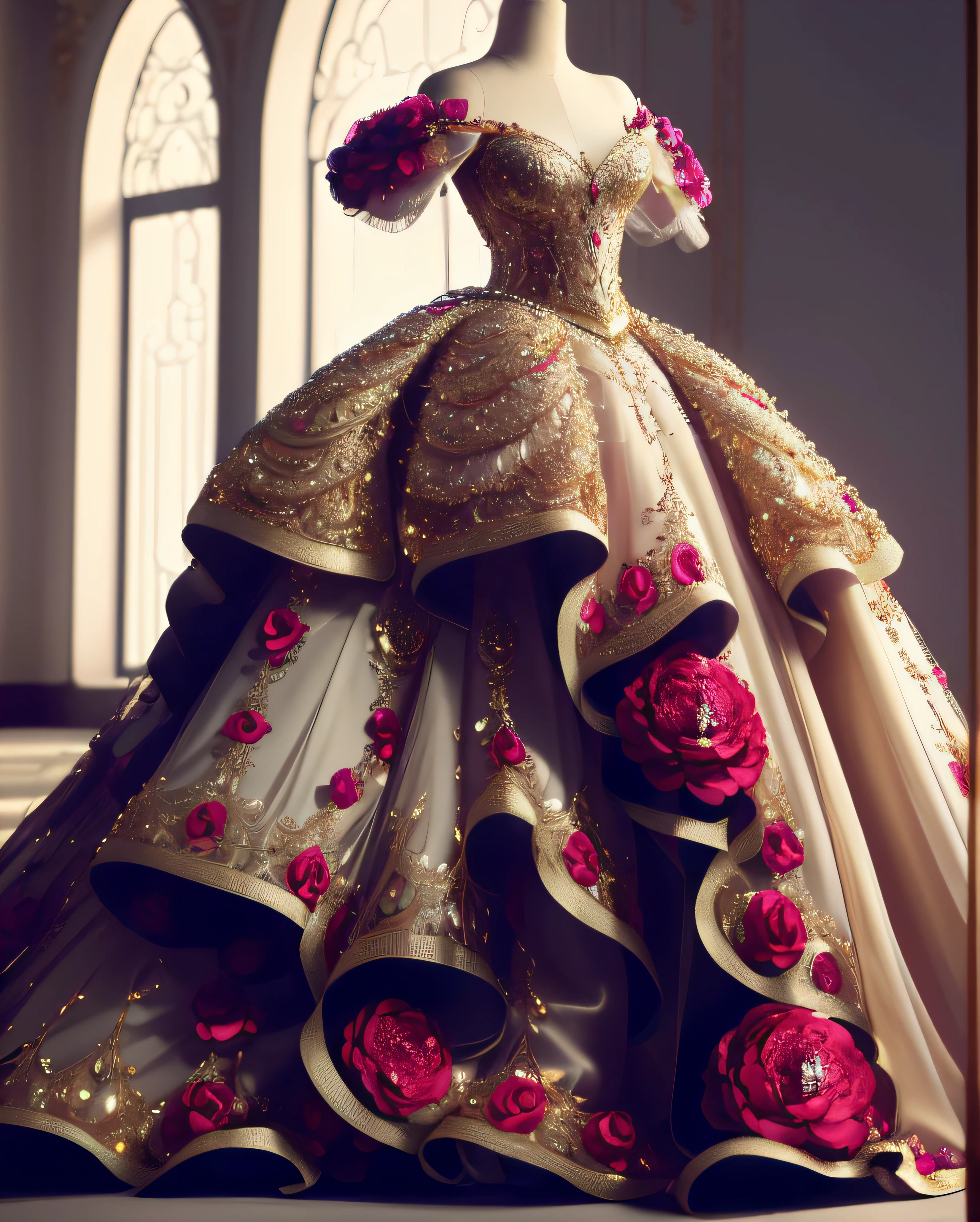 a hyper realistic photograph of a girl standing wearing a majestic light beige and gold ball gown dress, big beautiful dress, intricate puffy ball gown with lots of ruffles and rhinestones (Best quality, masterpiece, ArtStation, Fantasy Art:1.2), a palace room, a beautiful cute girl, (long white hair:1.1), (intricate short gold skirt, bare legs:1.2, full body shot)
