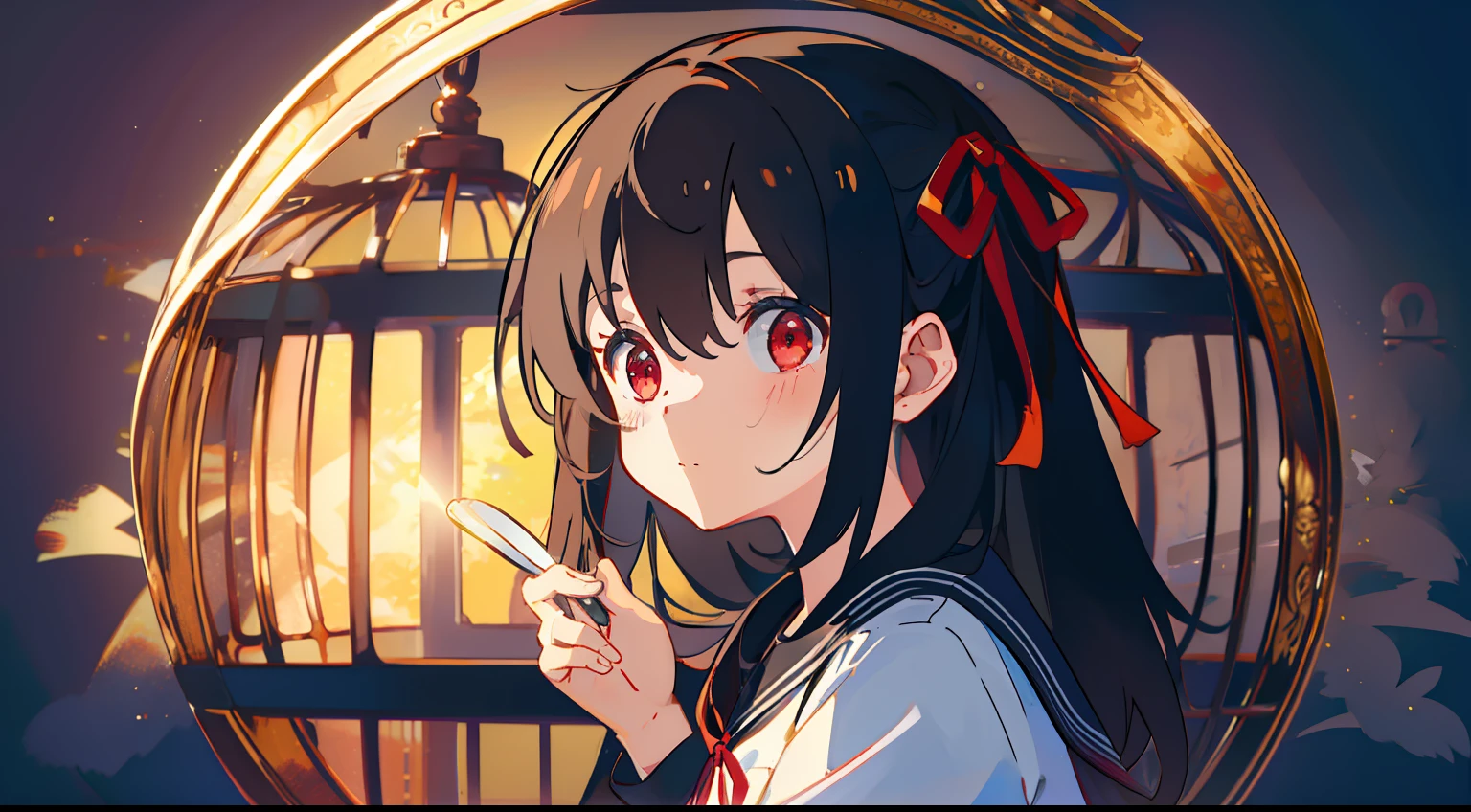 In a large birdcage、black backgrounds、One girl、A dark-haired、Physical education sitting、Black sailor suit、​masterpiece、Top image quality、top-quality、cute little、red eyes、long、beautiful hairl、black backgrounds、Ribbon background