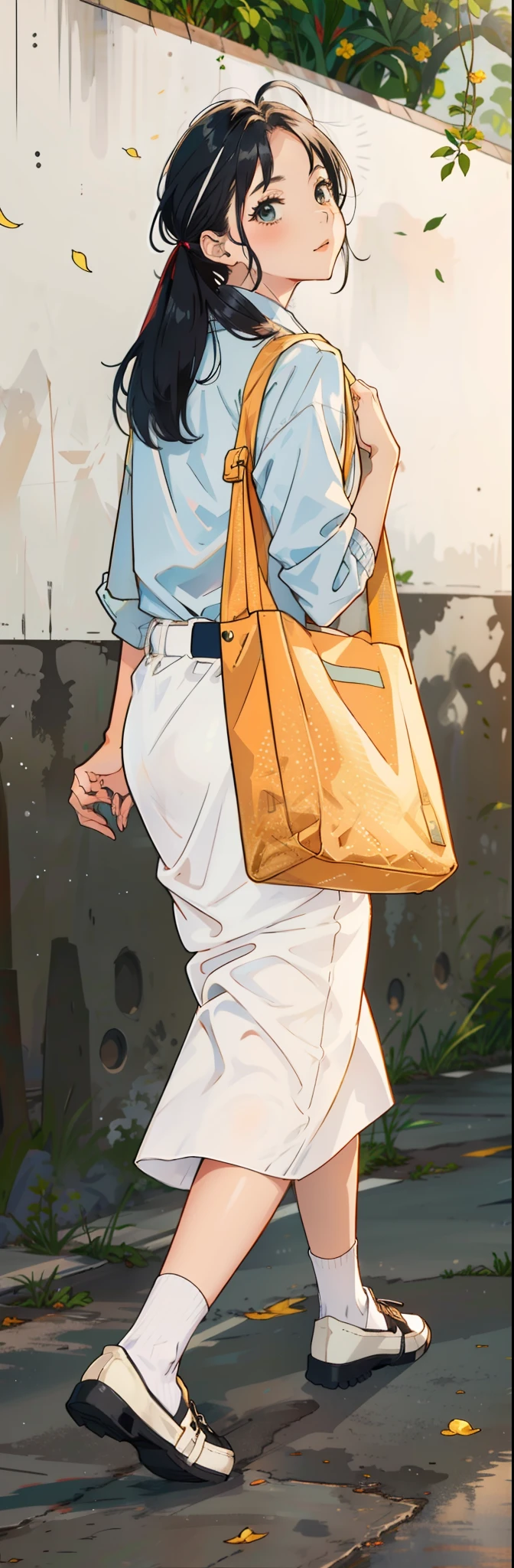 schoolgirls,blue-shirt,white skirt,Yellow bag