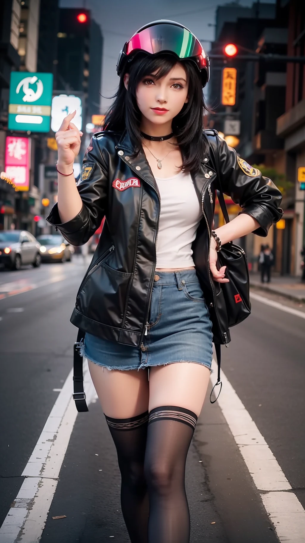 masterpiece, best quality, 1girl, solo, jacket, hand in pocket, school uniform, serafuku, thighhighs, school bag, black hair, black eyes, cyberpunk, street, machinery, motor vehicle, motorcycle, panorama, helmet, speed line, motion blur, depth of field, perspective, panorama, riding, floating hair, night, neon trim