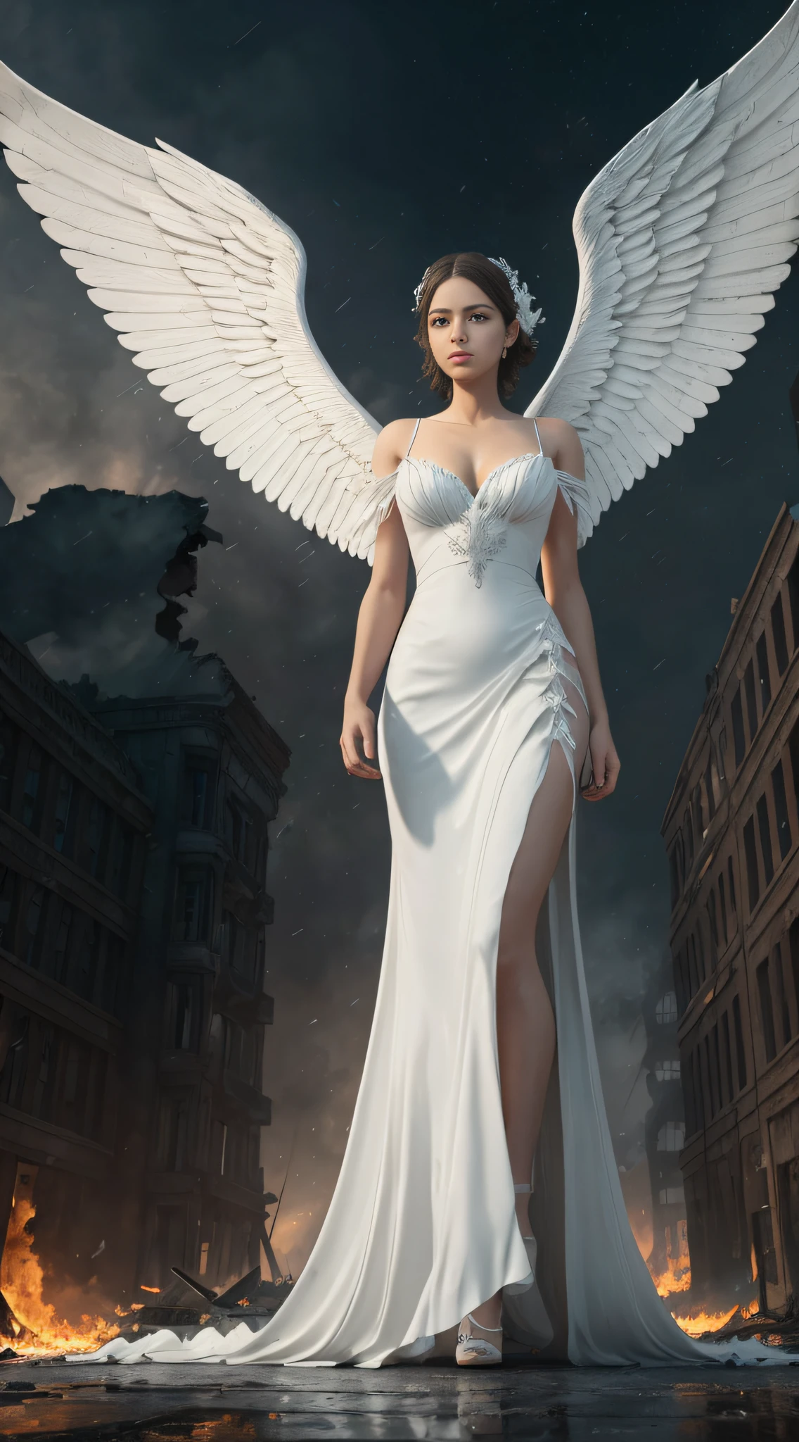 (front view:1. 2) of a graceful female angel, large white wings folded down, sad, intricate white dress, walk on decrepit street, destroyed buildings, dark sky, active fires in background, volumetric fog, subsurface scattering, ambient occlusion, post apocalyptic, ruins of war, fire, smoke, (bokeh:1. 4)