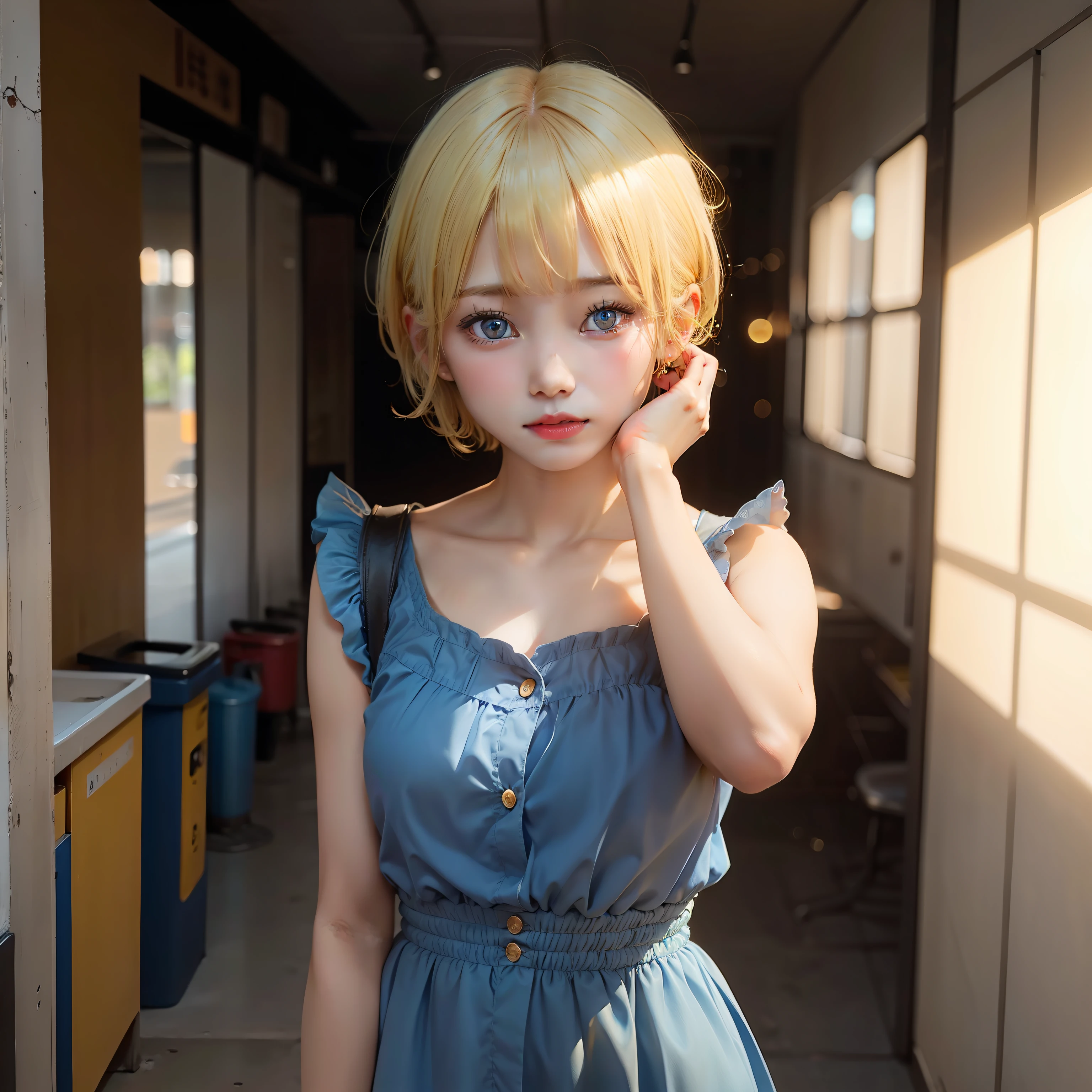 Cute girl in blue dress high definition woman blonde yellow short hair, Red dust pupils are black