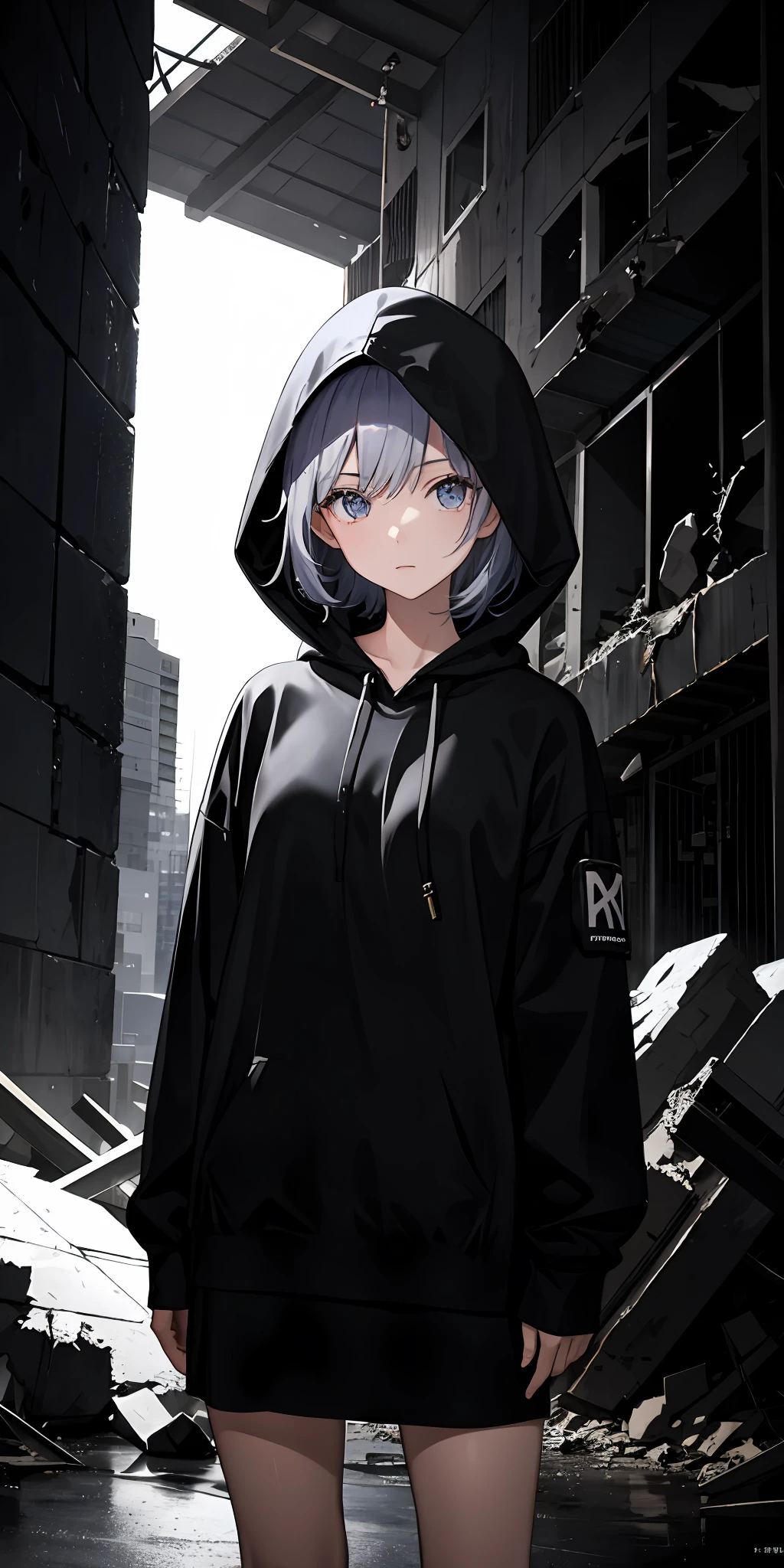 1girl in、 dark、Wearing a hood、After the collapse of the world、