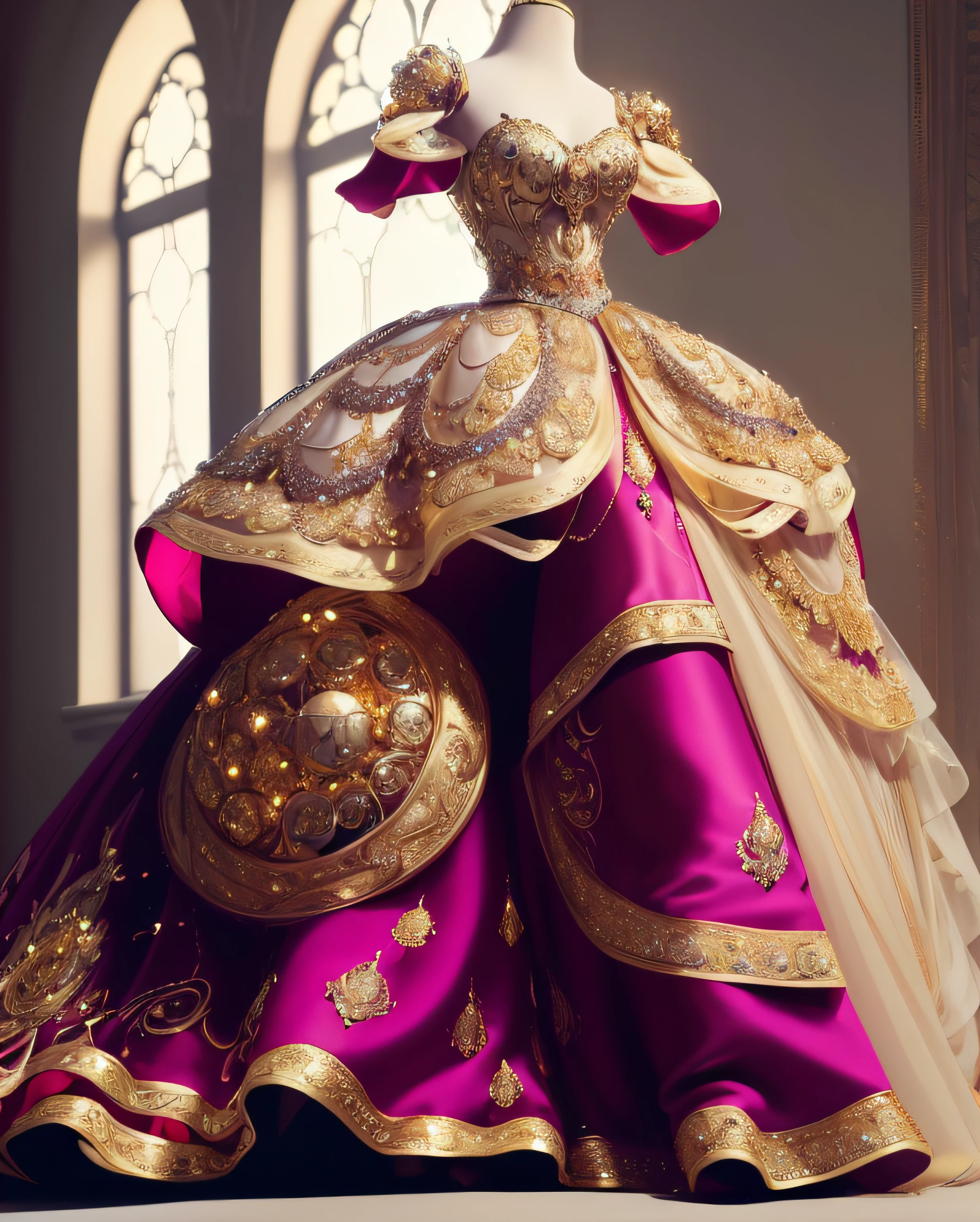 a hyper realistic photograph of a girl standing wearing a majestic light beige and gold ball gown dress, big beautiful dress, intricate puffy ball gown with lots of ruffles and rhinestones (Best quality, masterpiece, ArtStation, Fantasy Art:1.2), a palace room, a beautiful cute girl, (long white hair:1.1), (intricate short gold skirt, bare legs:1.2, full body shot)