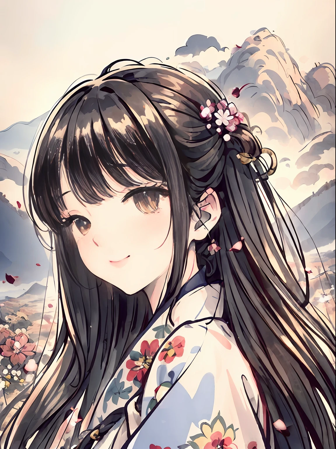 (illustration:1.1),(Best quality),(Masterpiece:1.1),(panoramicshooting:1.3),(Solo:1.2),A high resolution, (ink spatter),Mountainous horizon, , Hanfu,hanfugirl,, Happy expression,Soft smile,frontage,Flower background,Pure,head portrait