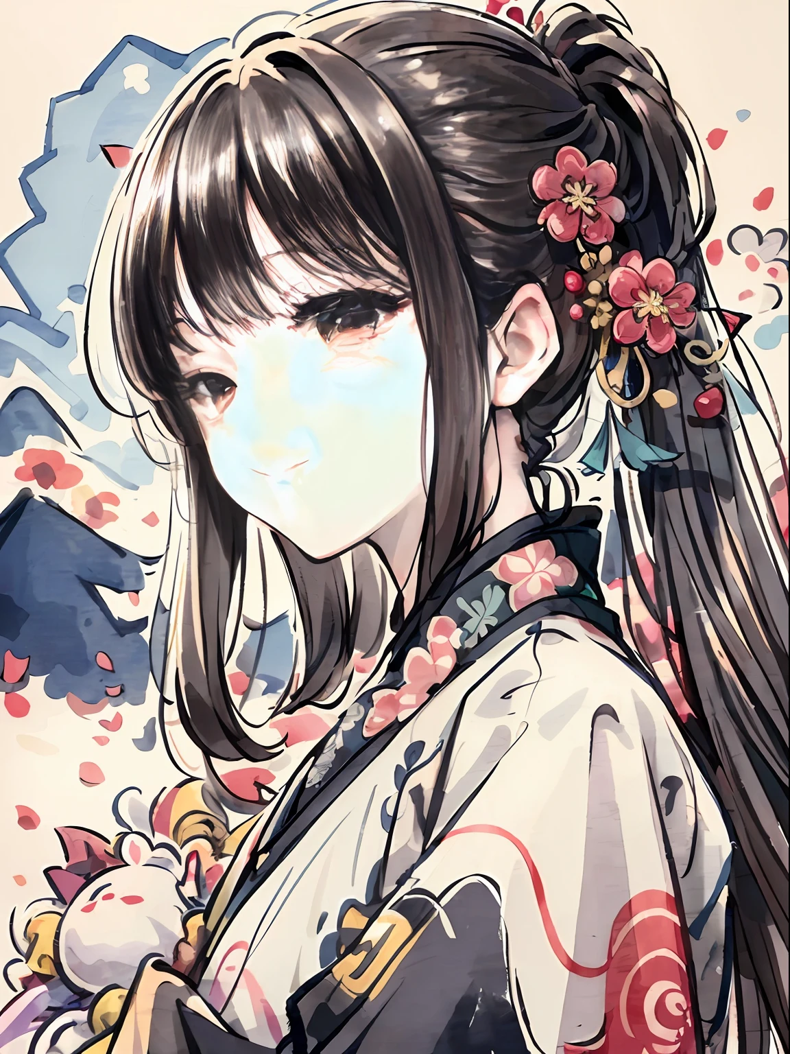 (illustration:1.1),(Best quality),(Masterpiece:1.1),(panoramicshooting:1.3),(Solo:1.2),A high resolution, (ink spatter),Mountainous horizon, , Hanfu,hanfugirl,, Happy expression,Soft smile,frontage,Flower background,Pure,head portrait