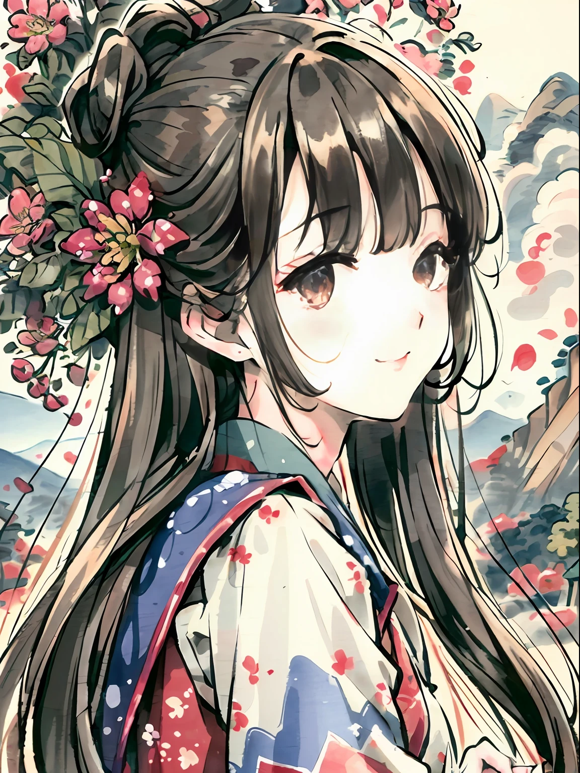 (illustration:1.1),(Best quality),(Masterpiece:1.1),(panoramicshooting:1.3),(Solo:1.2),A high resolution, (ink spatter),Mountainous horizon, , Hanfu,hanfugirl,, Happy expression,Soft smile,frontage,Flower background,Pure,head portrait