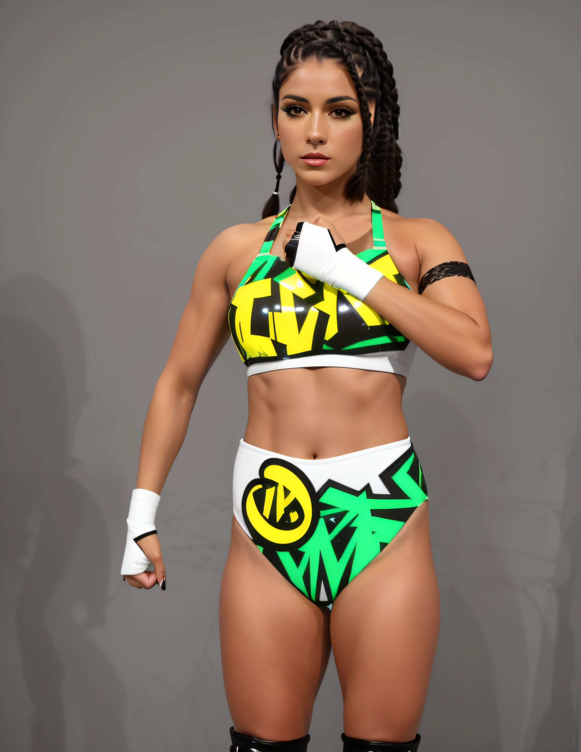 ((masterpiece, best quality)), Curvy Dark-haired Hispanic female wrestler with half-braids/half-long straight hair, in white green black and yellow graffiti patterned sports bra that says "VICKI", white green black and yellow graffiti patterned high cut trunks with the Letter "O", black armband on left arm, white and black hand-wraps, black long boots, photo realistic, intricate details