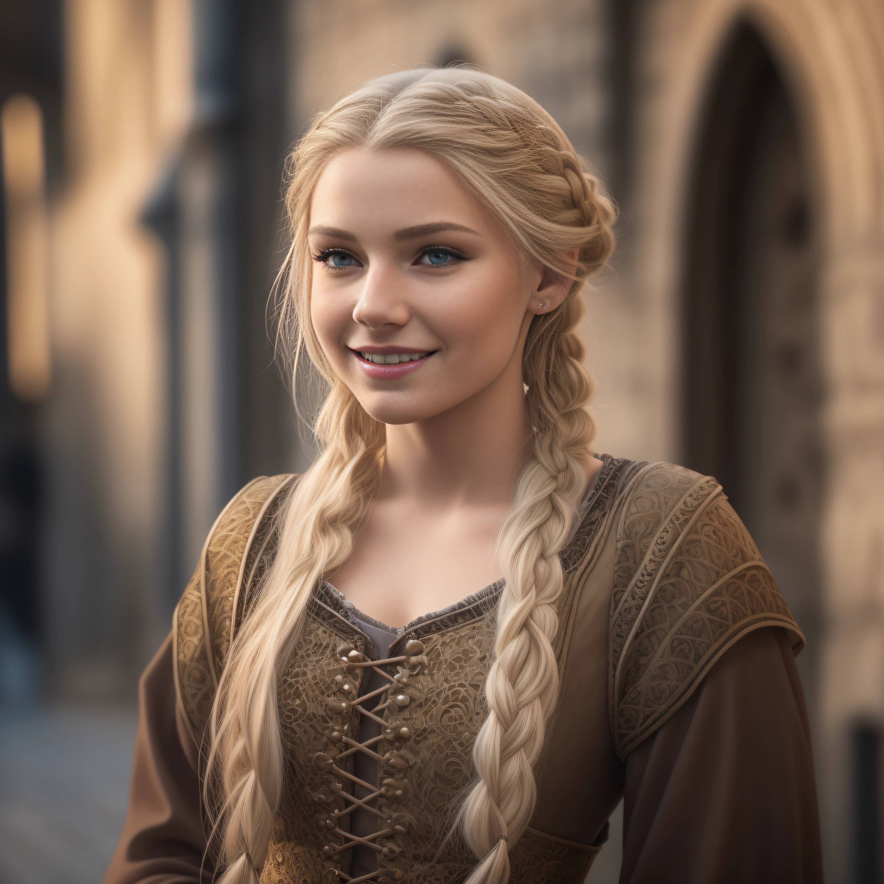 cinematic, photo, head and shoulder portrait photo, 1woman, solo, beautiful 20 years old medieval fantasy prostitute, pale blonde hair, big single long braid, medieval fantasy prostitute nice clothes, intellingent look, enticing smile, in a big medieval city, Canon EOS 5D Mark IV, historical, fantasy, hyper detailed, accurate textures, realistic, skin pores