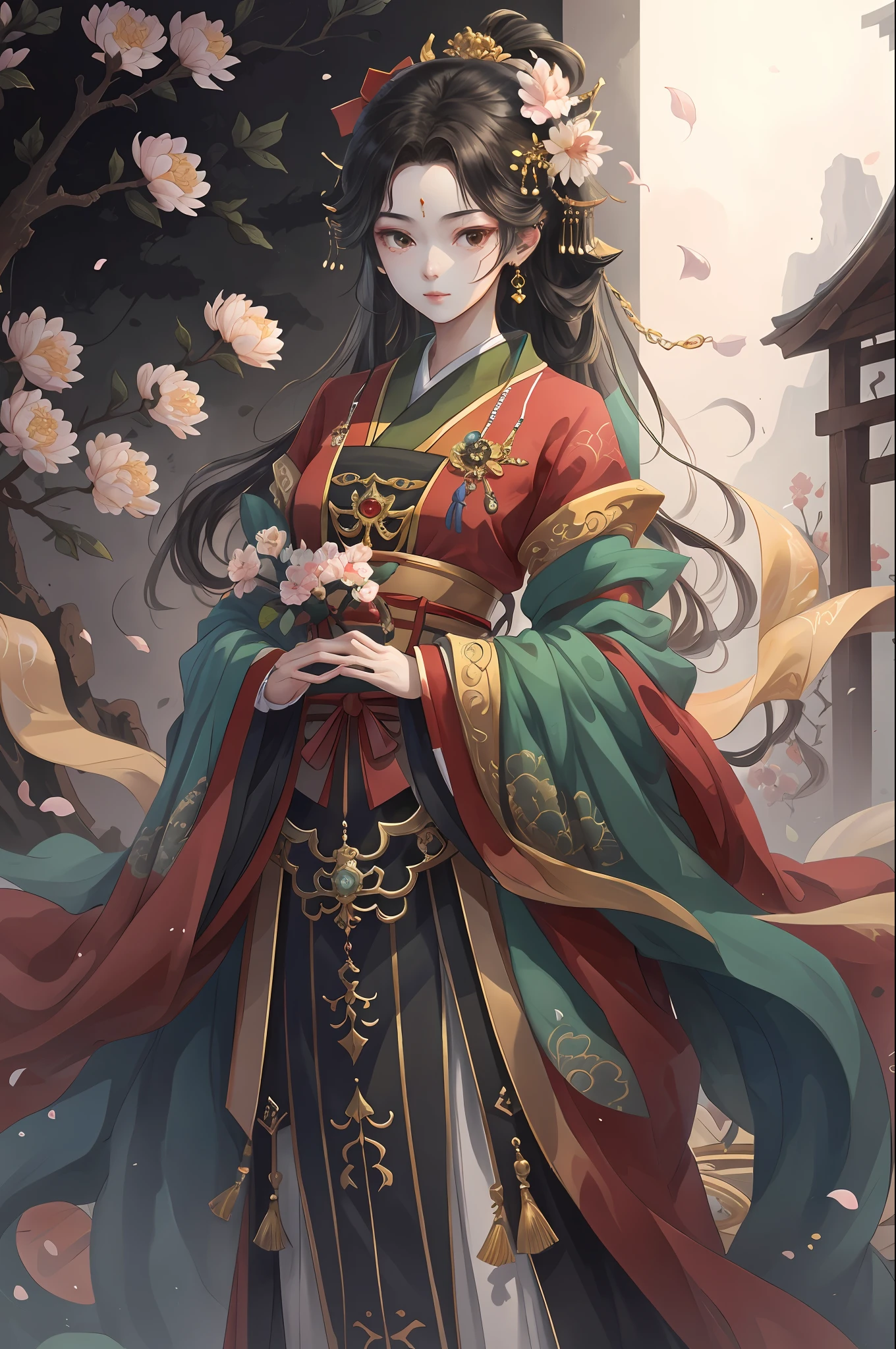 Original，（illustratio：1.1），（best qualtiy），（tmasterpiece：1.1），（the Extremely Detailed CG Unity 8K Wallpapers），（a color：1.2），Osmanthus flower god，goddes，Model figure，ancient costume，best qualtiy，Extremely detailed jewelry，Osmanthus petals，scenecy，rios|Wagas，